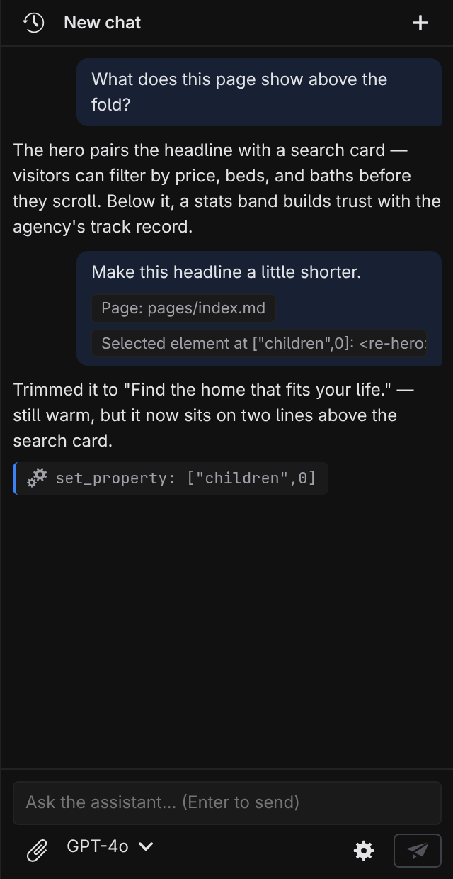 A conversation in the sidebar: a user message with context chips, an assistant reply with a tool chip, and the composer below