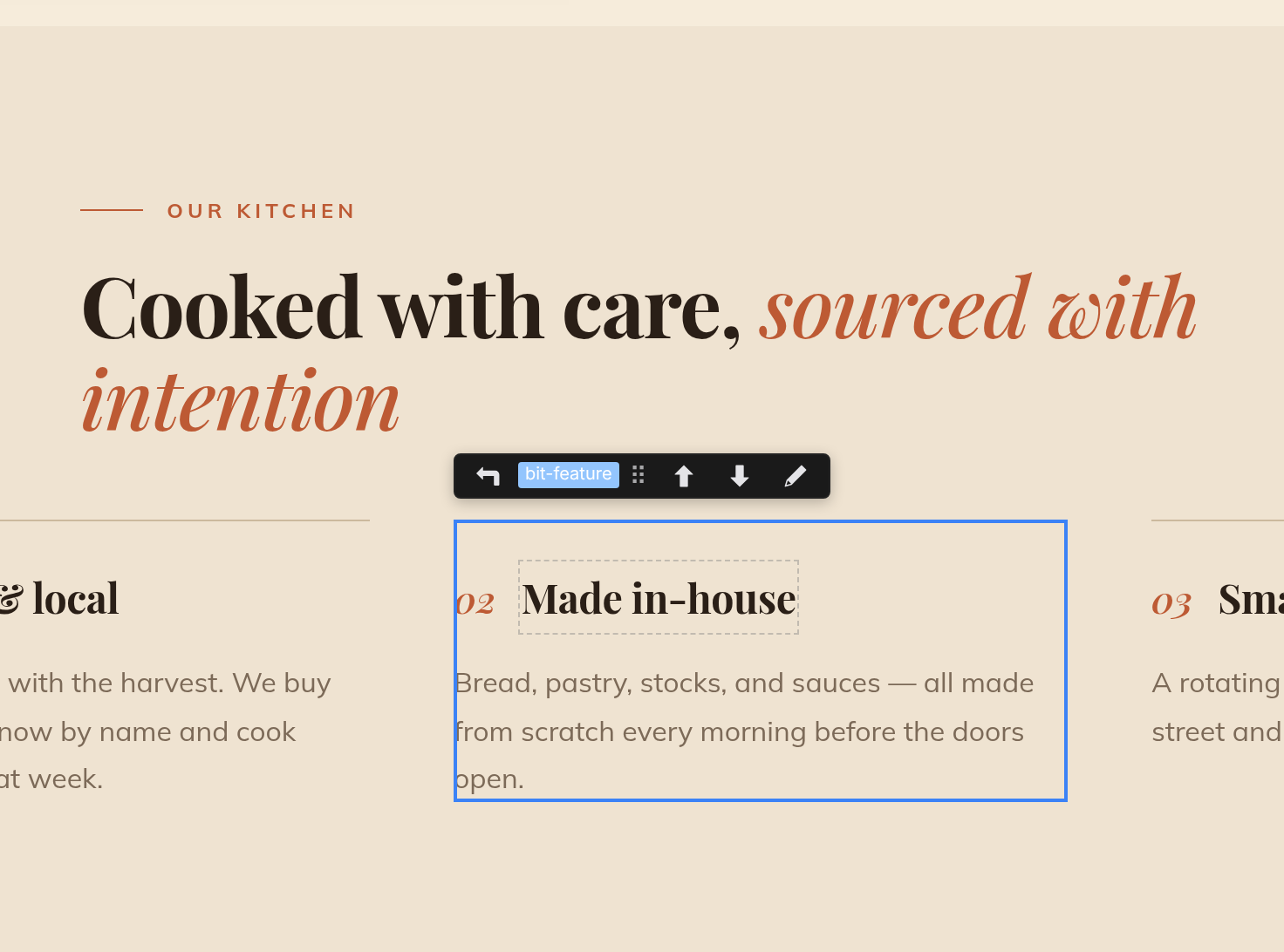 A selected element on the canvas with the floating block action bar above it