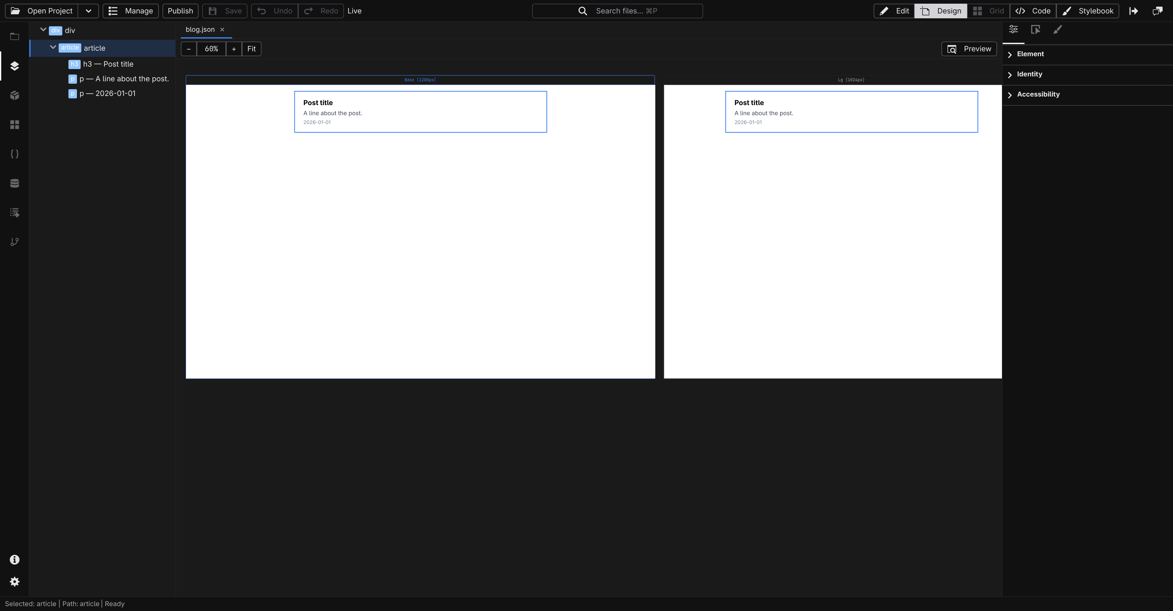 The design canvas with one article card holding a heading and two placeholder paragraphs