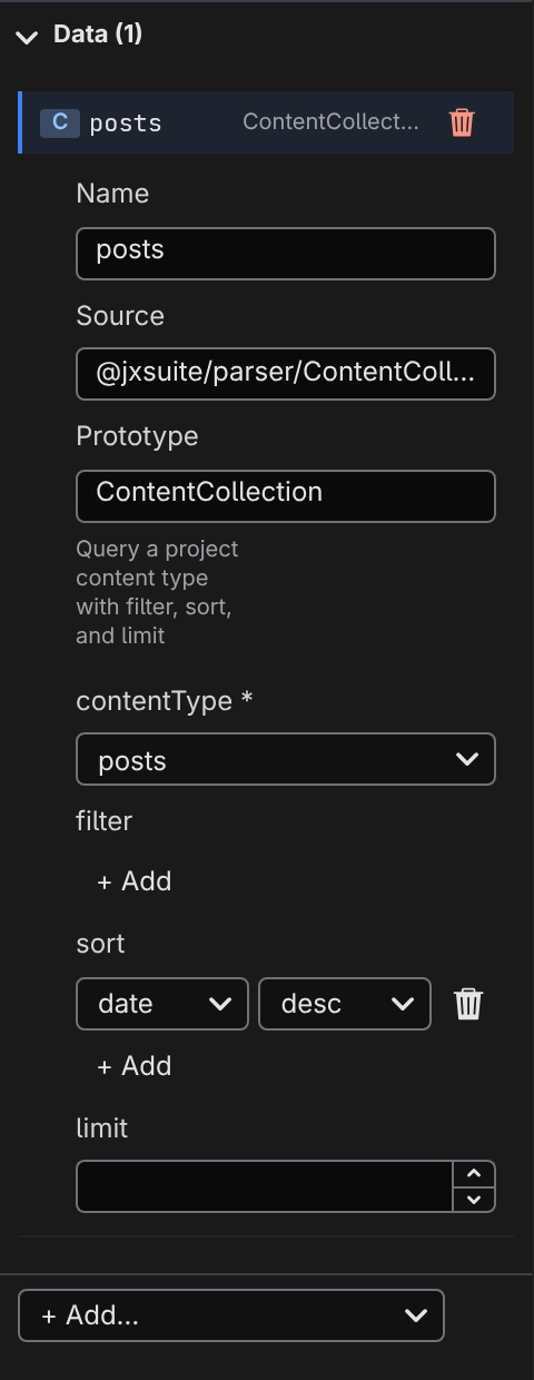 The State panel editing a ContentCollection entry with contentType posts and a date sort rule