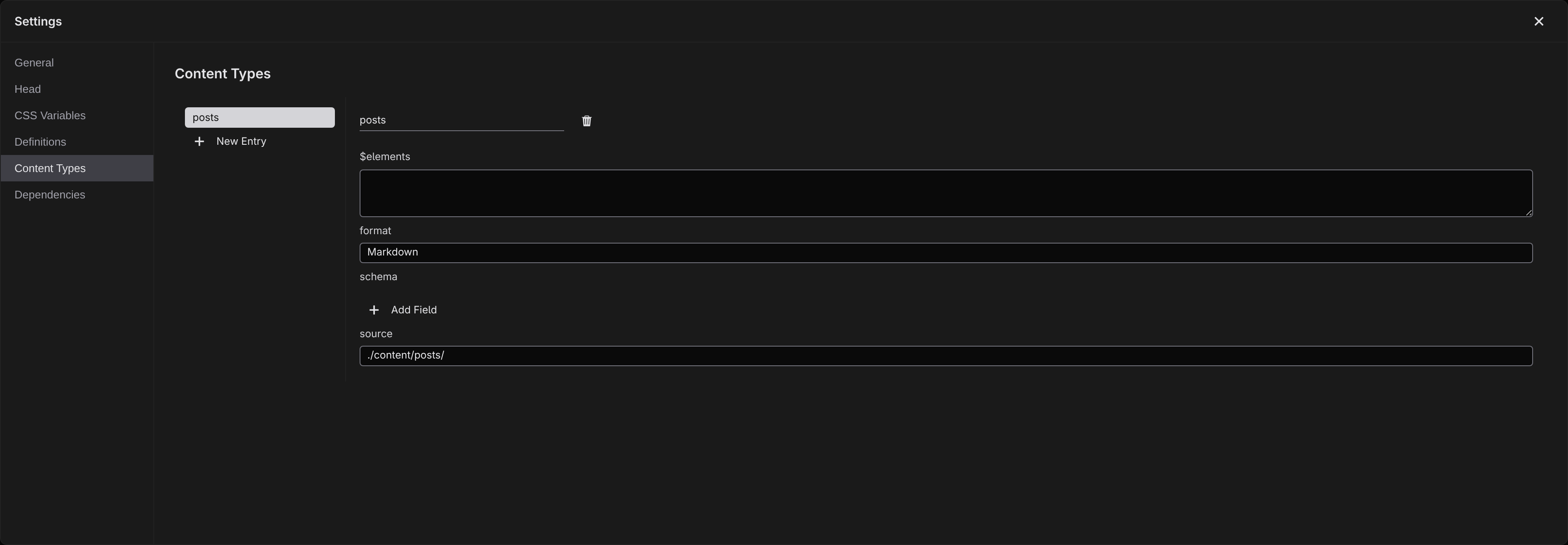 The Content Types section with the new posts type selected and its empty field schema