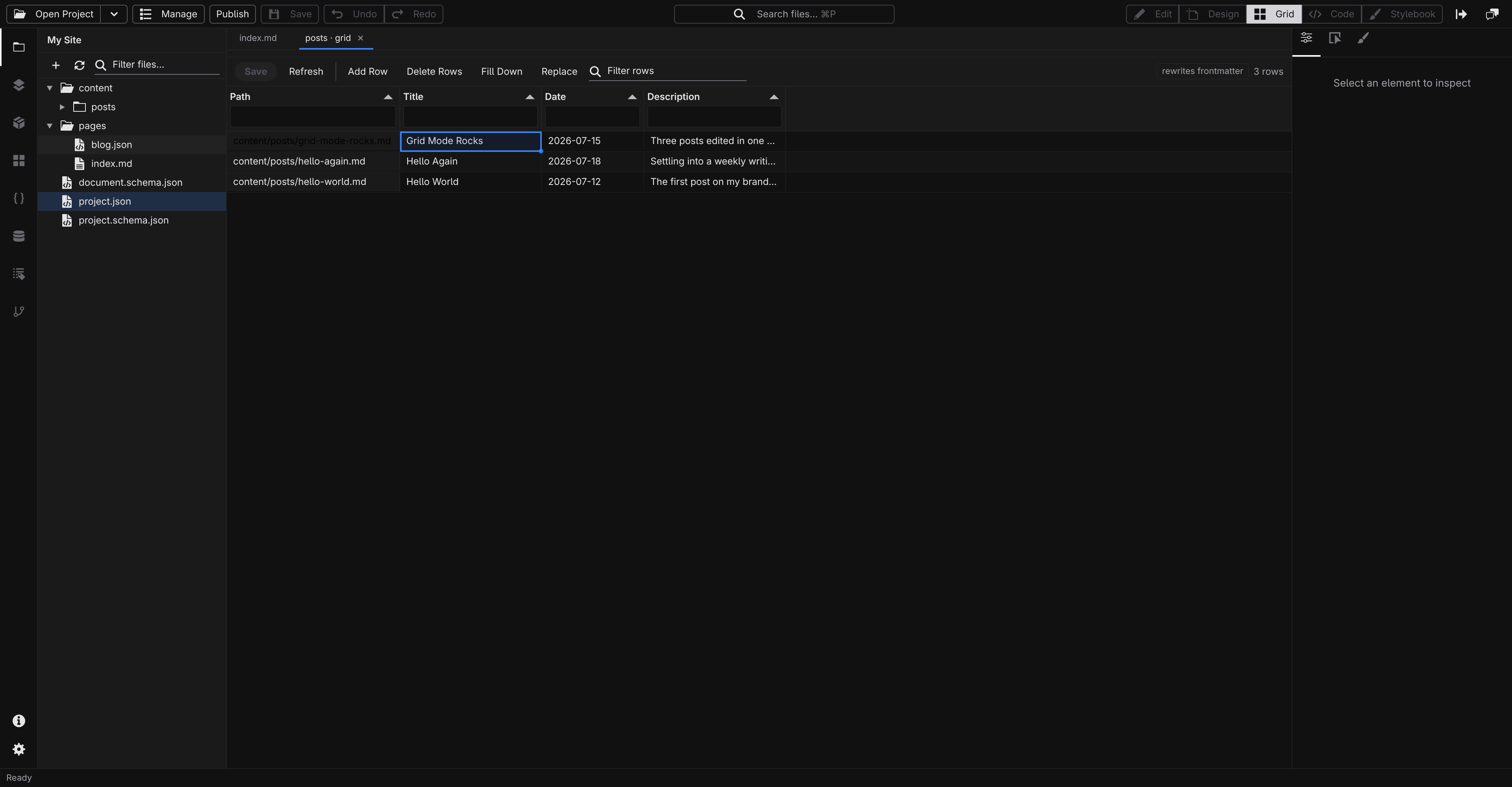 The posts collection open in Grid mode, one row per entry with title, date, and description columns