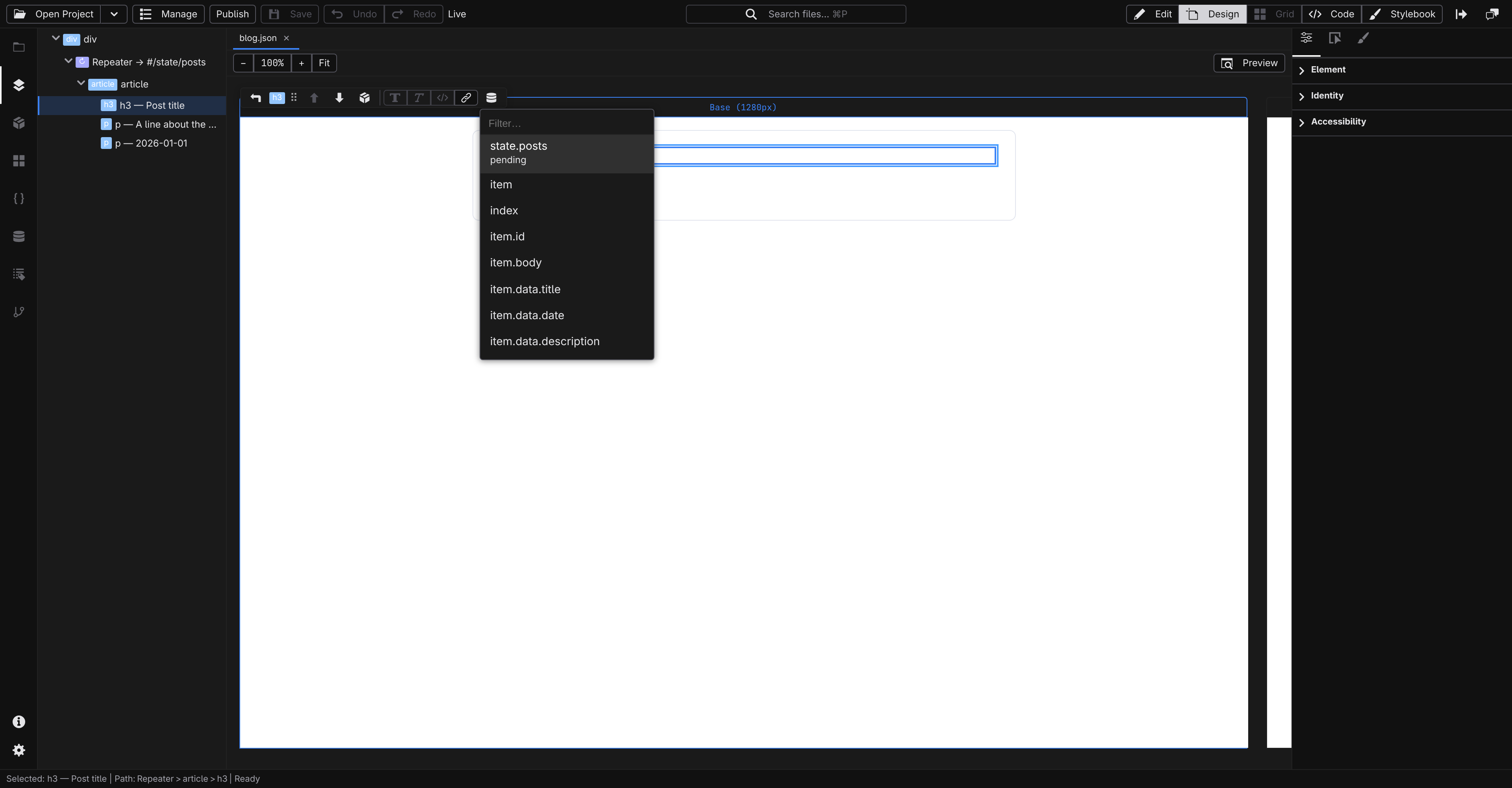 The Insert data list open over the card's heading, offering item.data fields