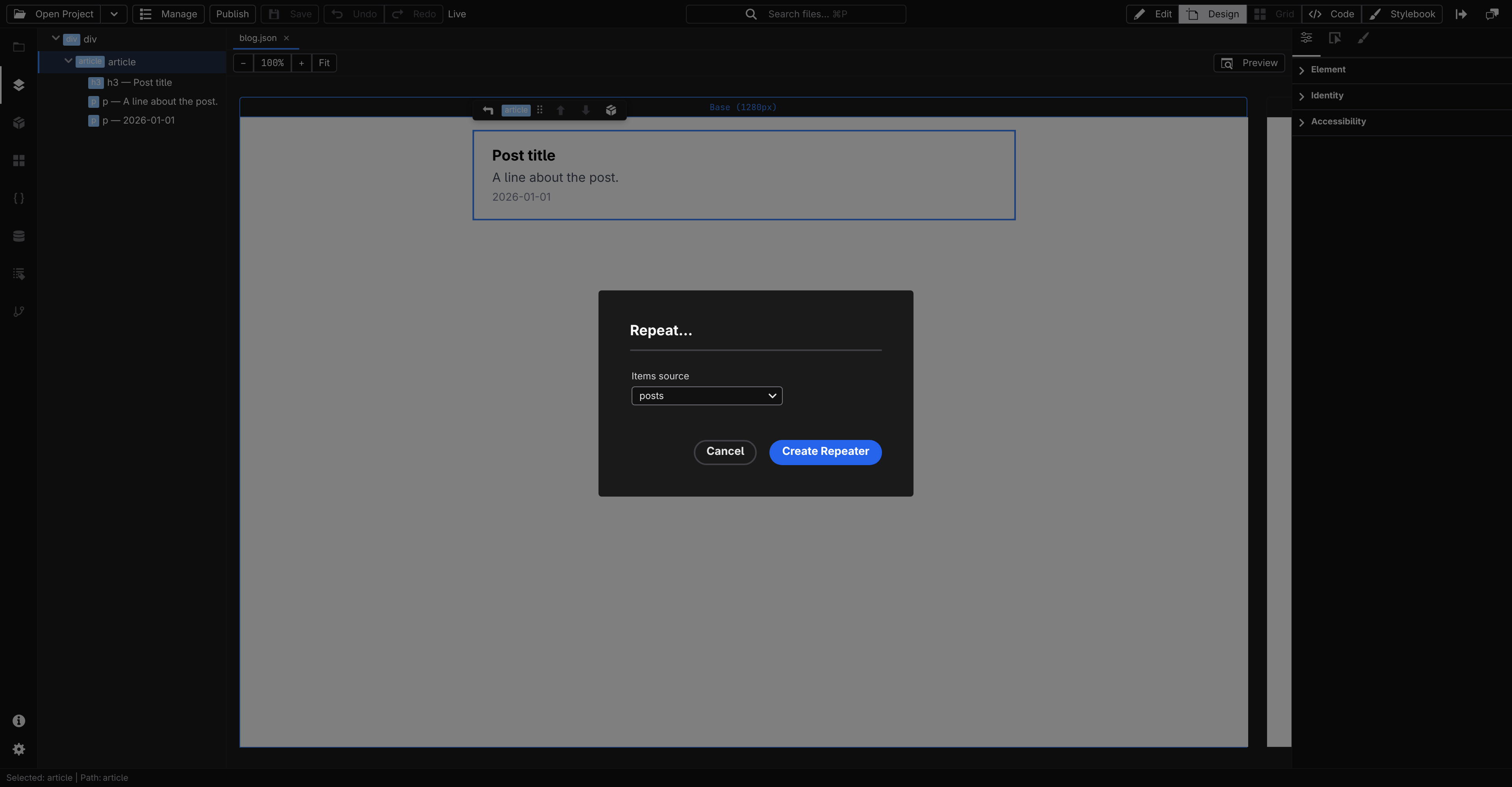 The Repeat dialog with posts selected as the items source