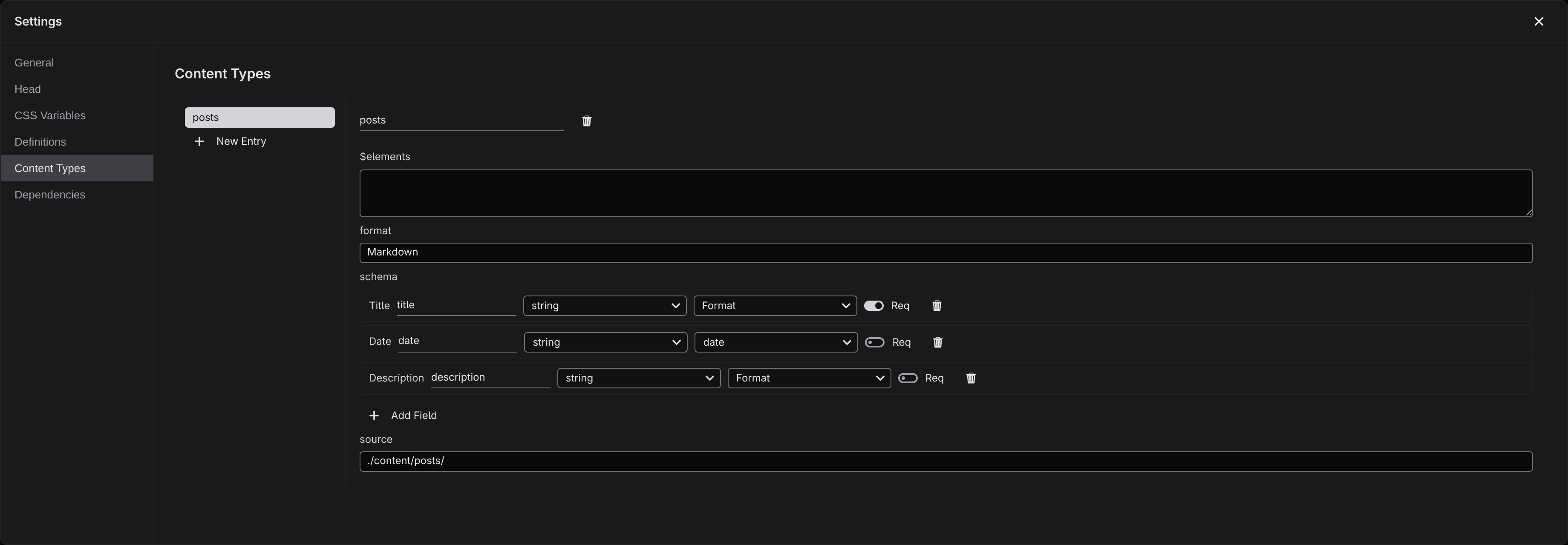 The posts type with title, date, and description rows in its field schema