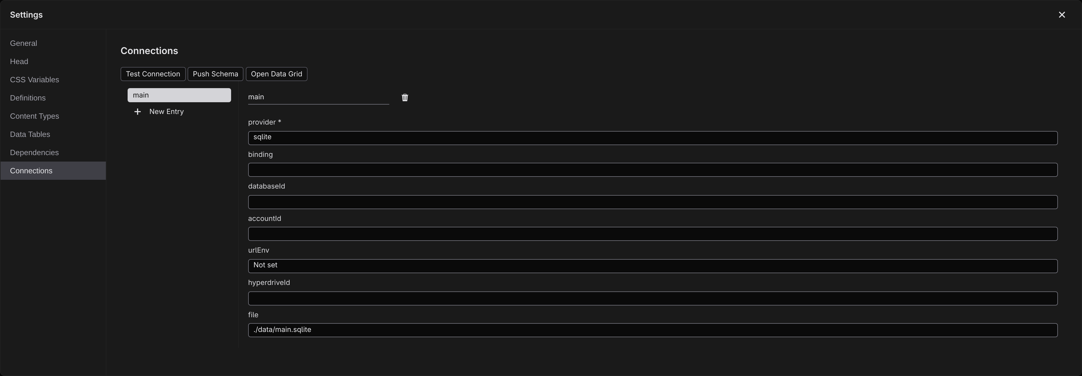 The Connections section with a connection selected and its provider form open