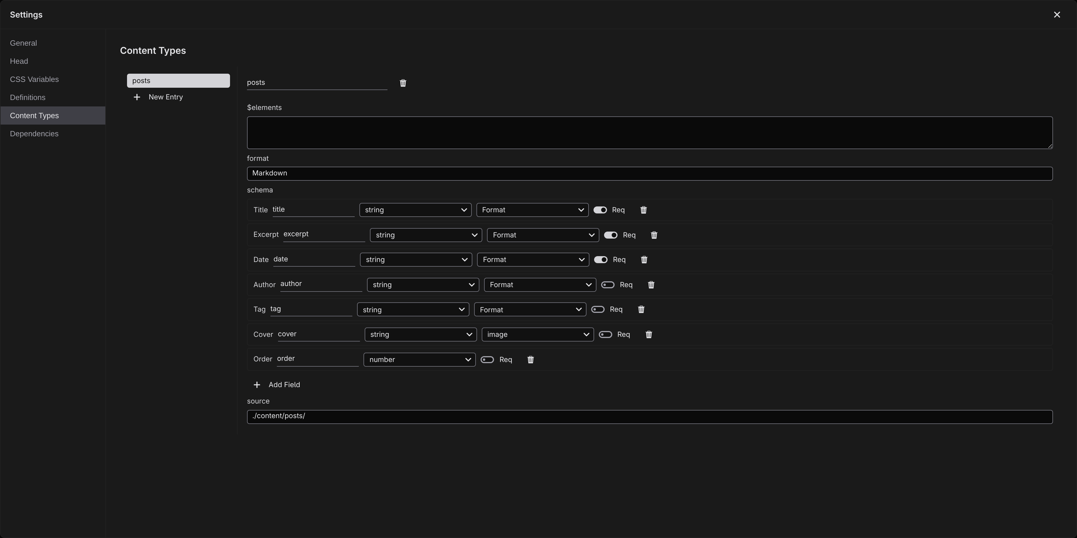 The Content Types section with a type selected and its field schema open in the builder