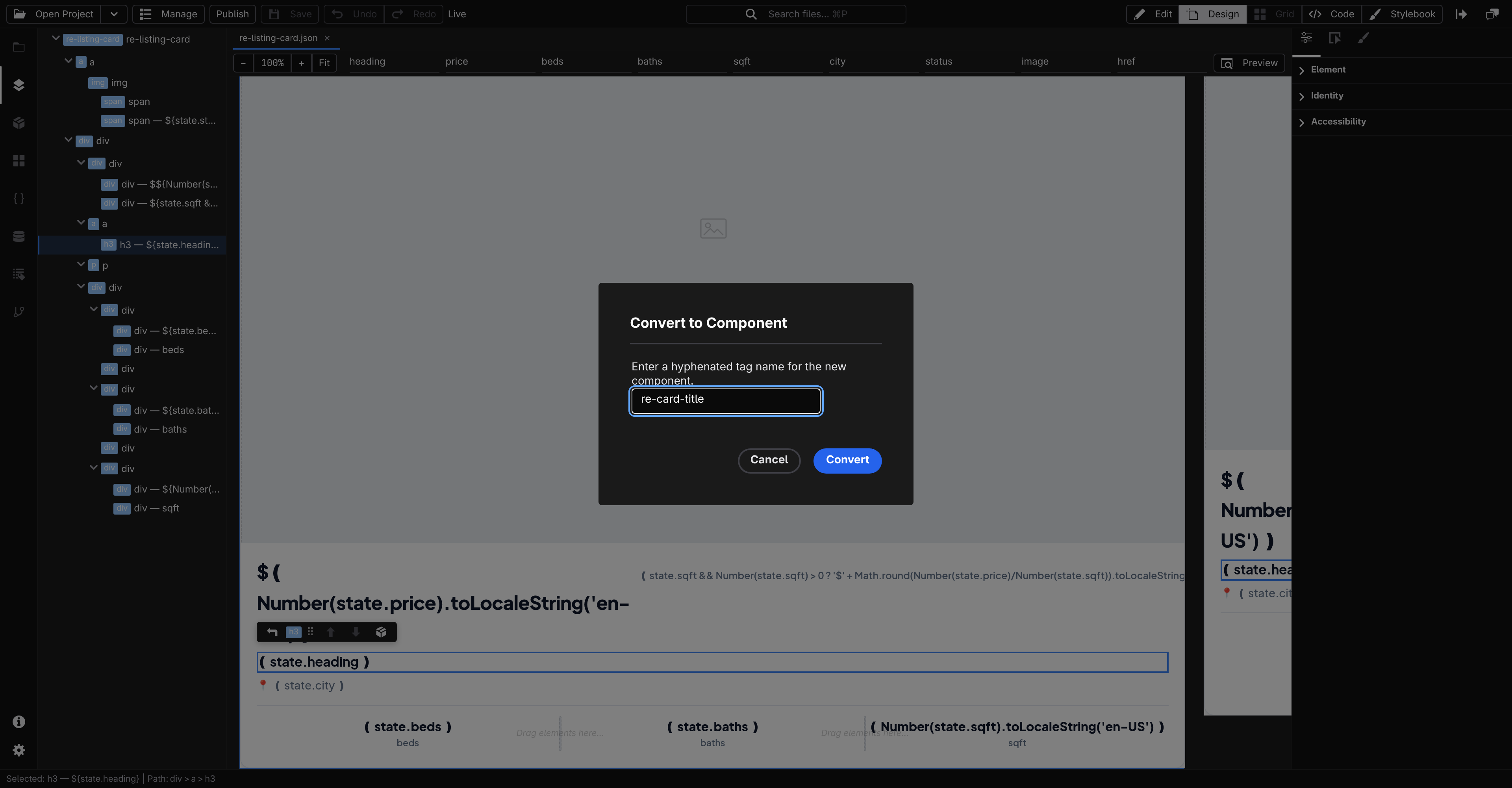 The Convert to Component dialog with a tag name filled in