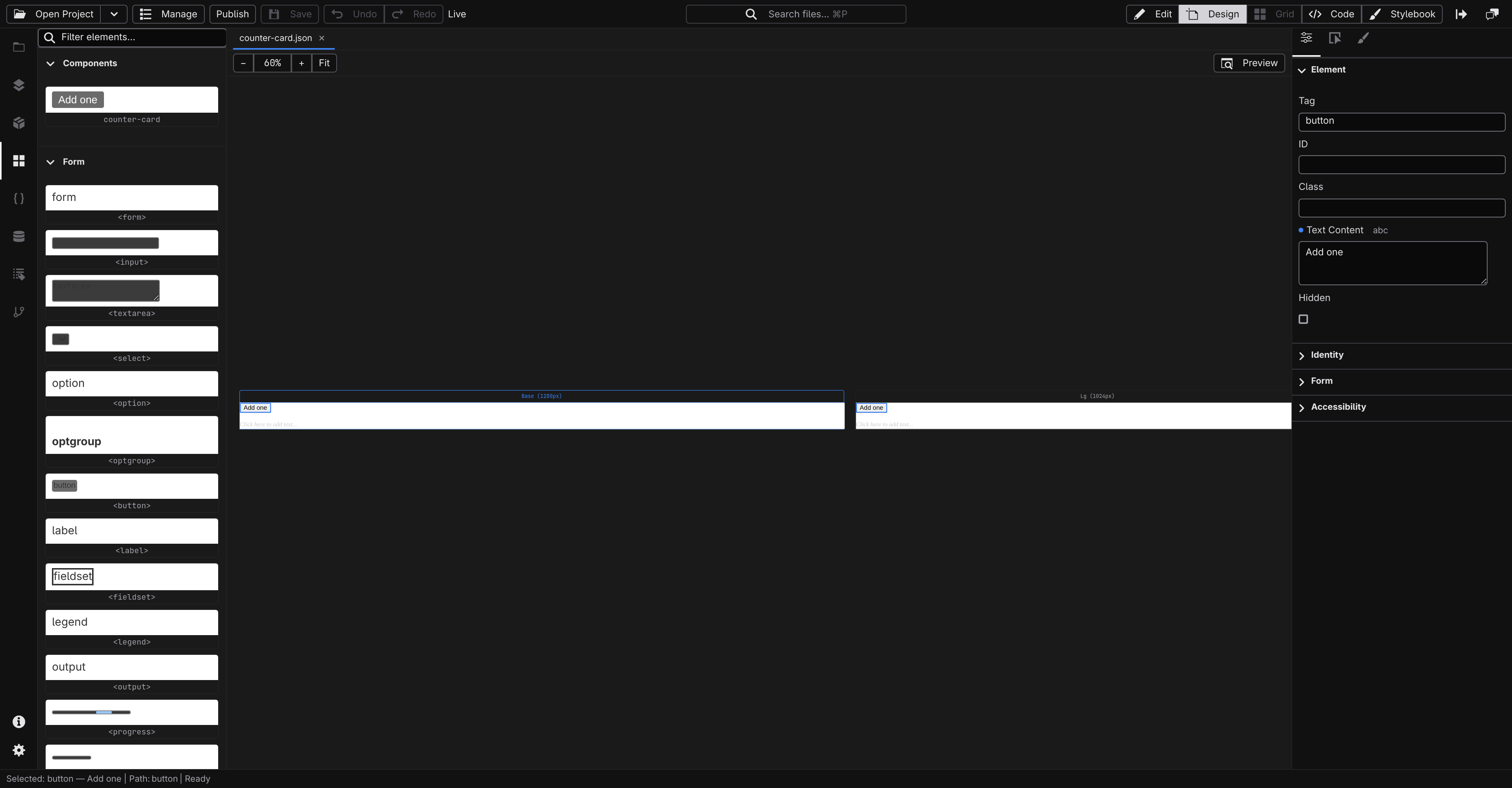 The design canvas with a button labeled Add one and an empty paragraph below it