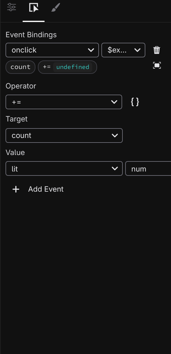 The Events tab with an onclick binding in expression mode incrementing count