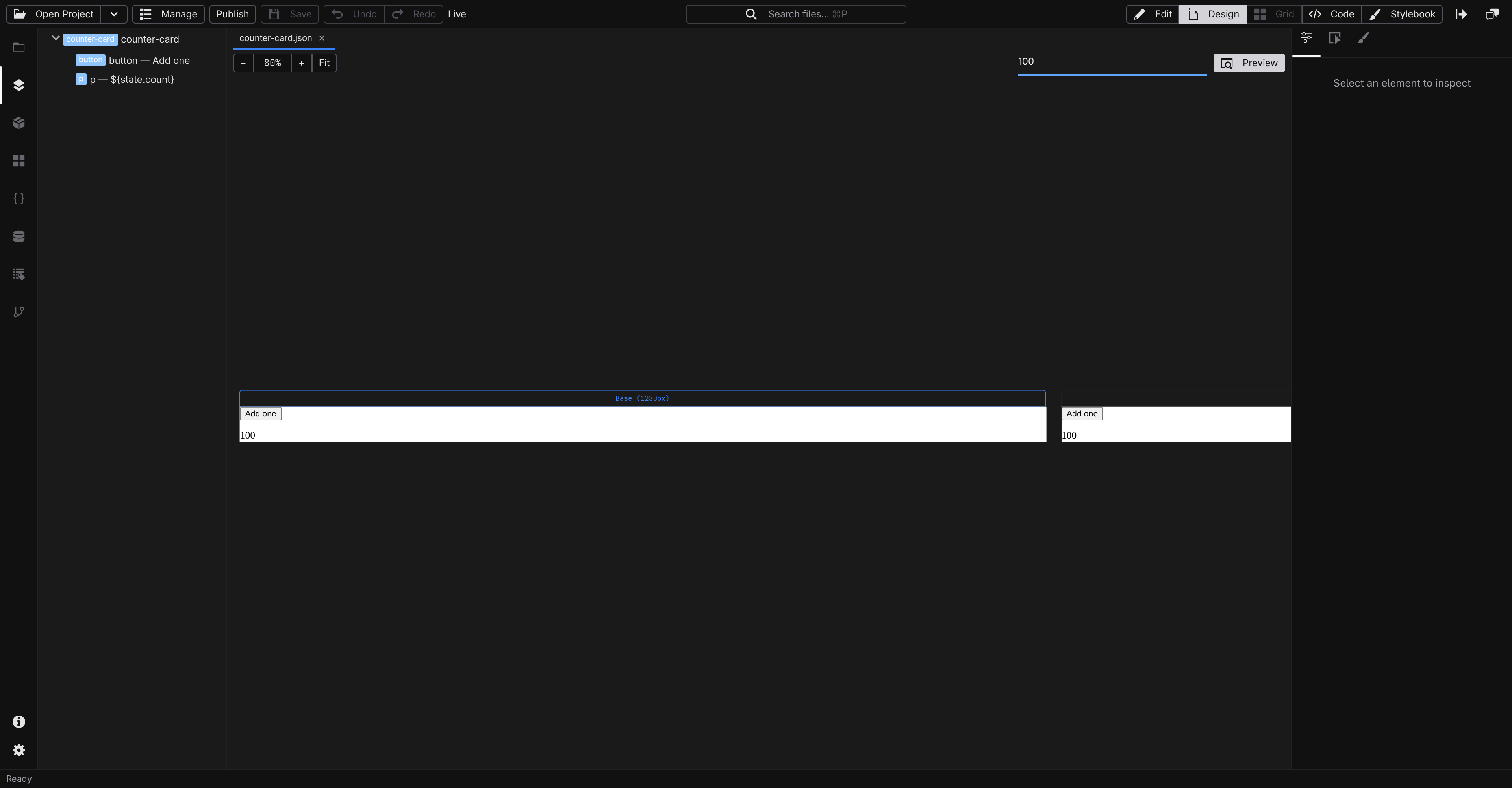 The tab bar's count field holding a test value, the canvas rendering with it