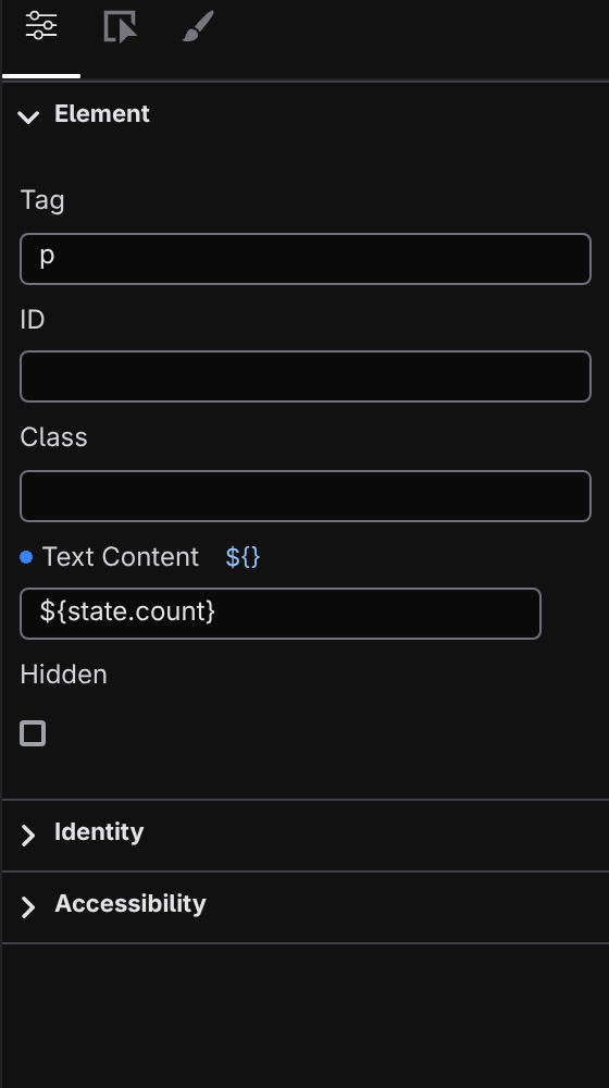The Text Content row in template mode holding undefined, with the mode button accent-colored