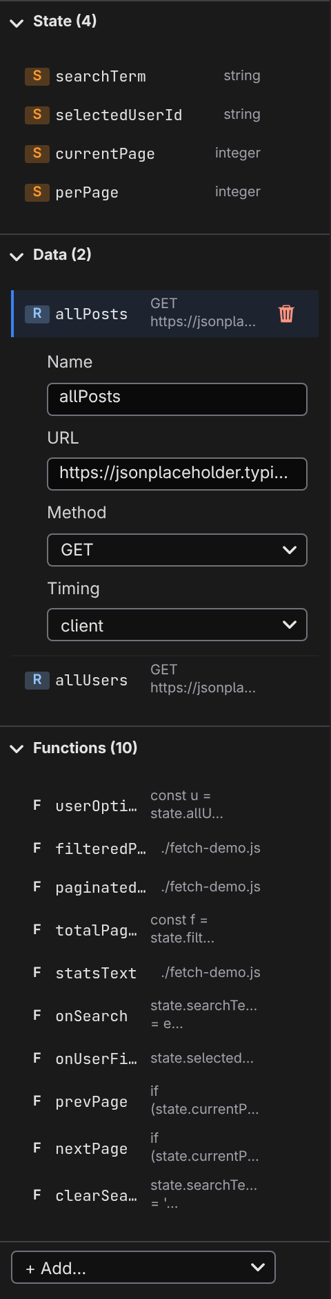 The State panel editing a Request source's URL, method, and timing