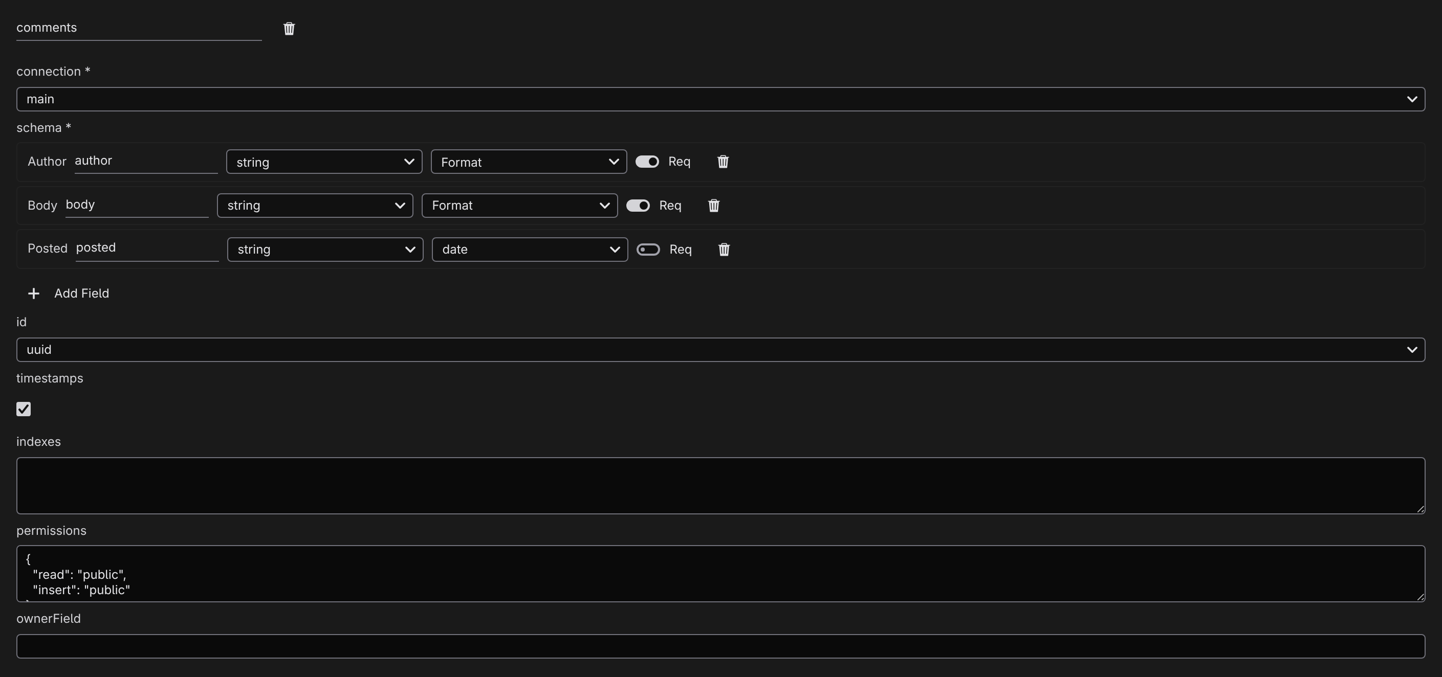 The Data Tables editor pane showing the connection picker and field schema builder