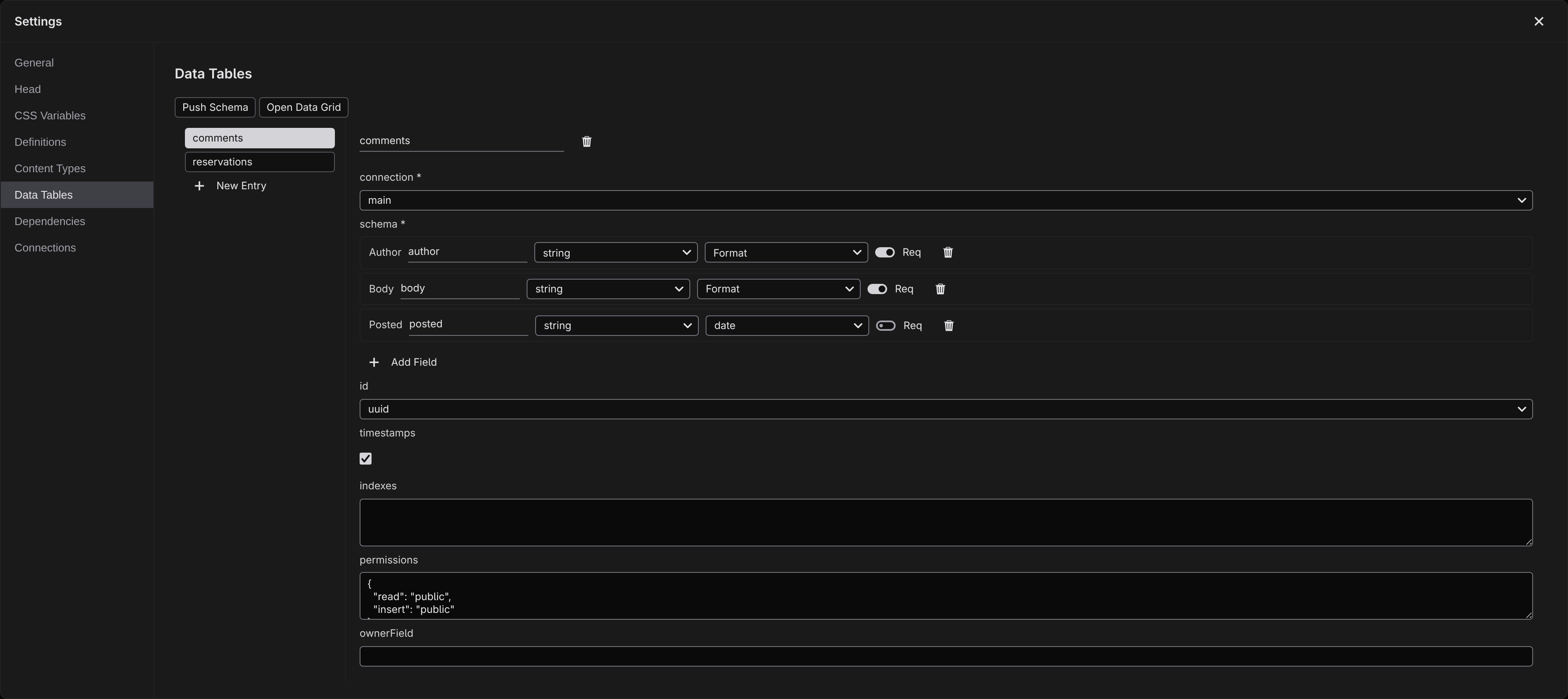 The Settings modal open on the Data Tables section with a table selected and its field schema visible