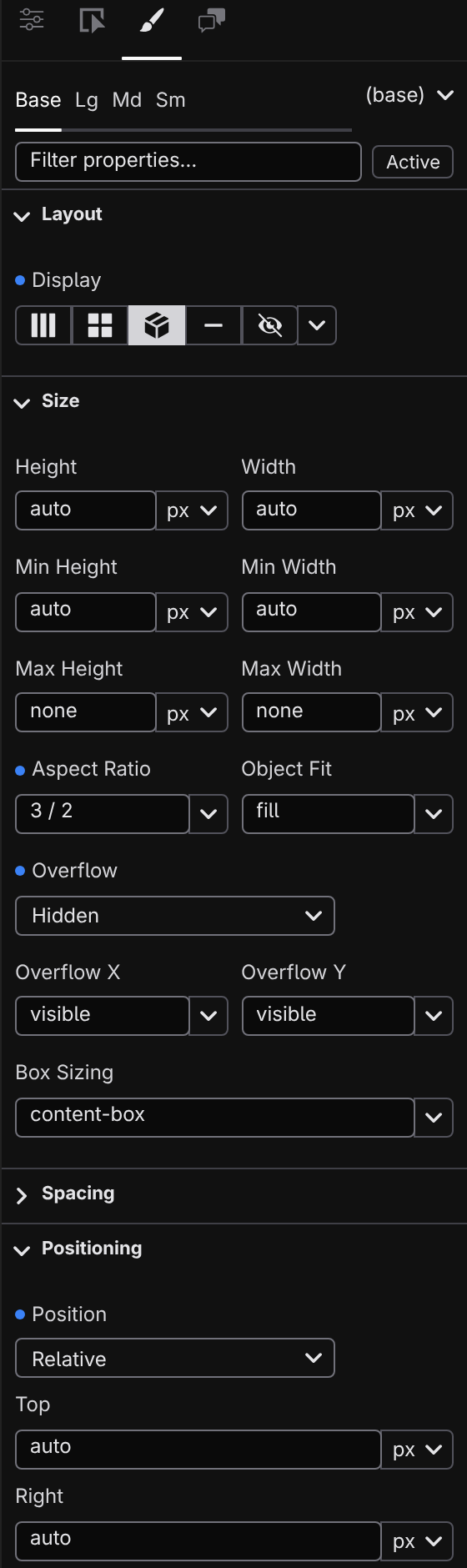 Jx Studio style inspector with spacing, typography, and color controls for a selected element