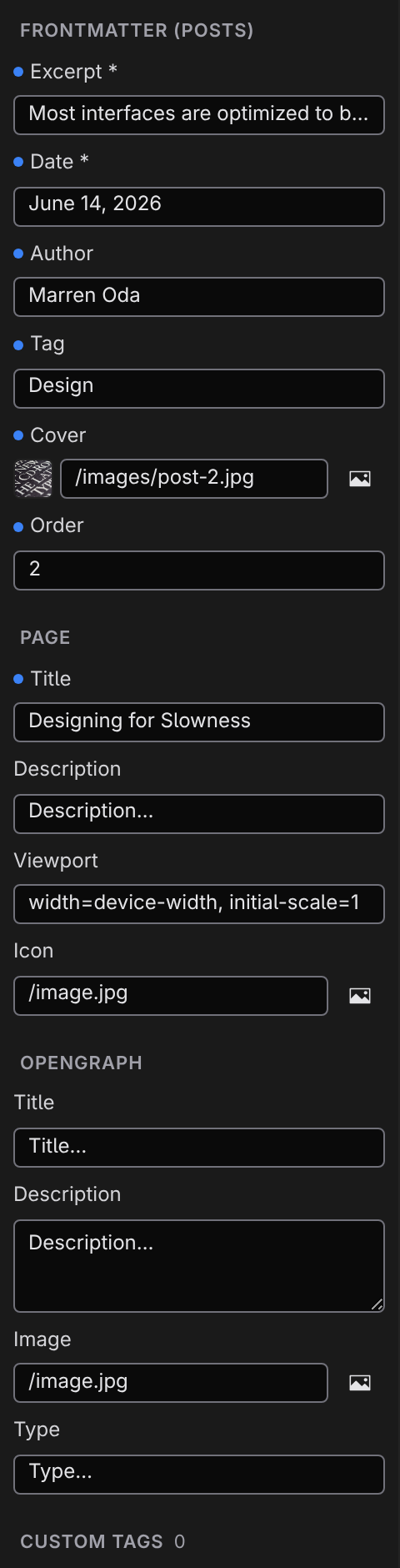 The Document activity showing Frontmatter, Page, and OpenGraph sections for a blog post