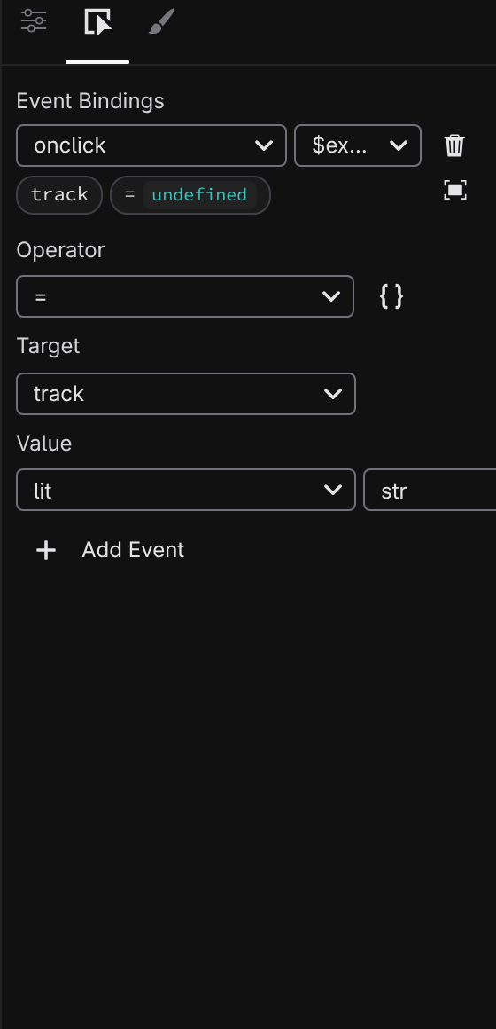 The Events tab with an onclick binding in expression mode