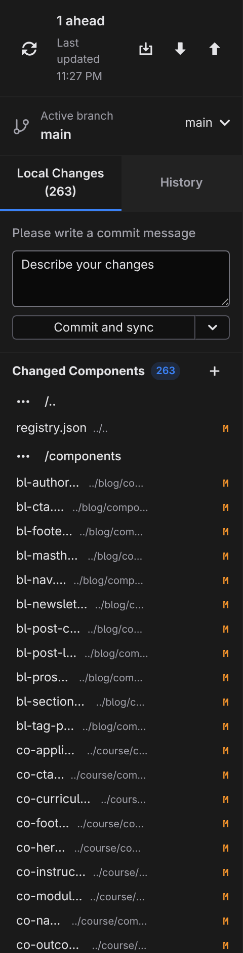 Jx Studio Source Control panel — branch, commit-and-sync, and a tree of changed files