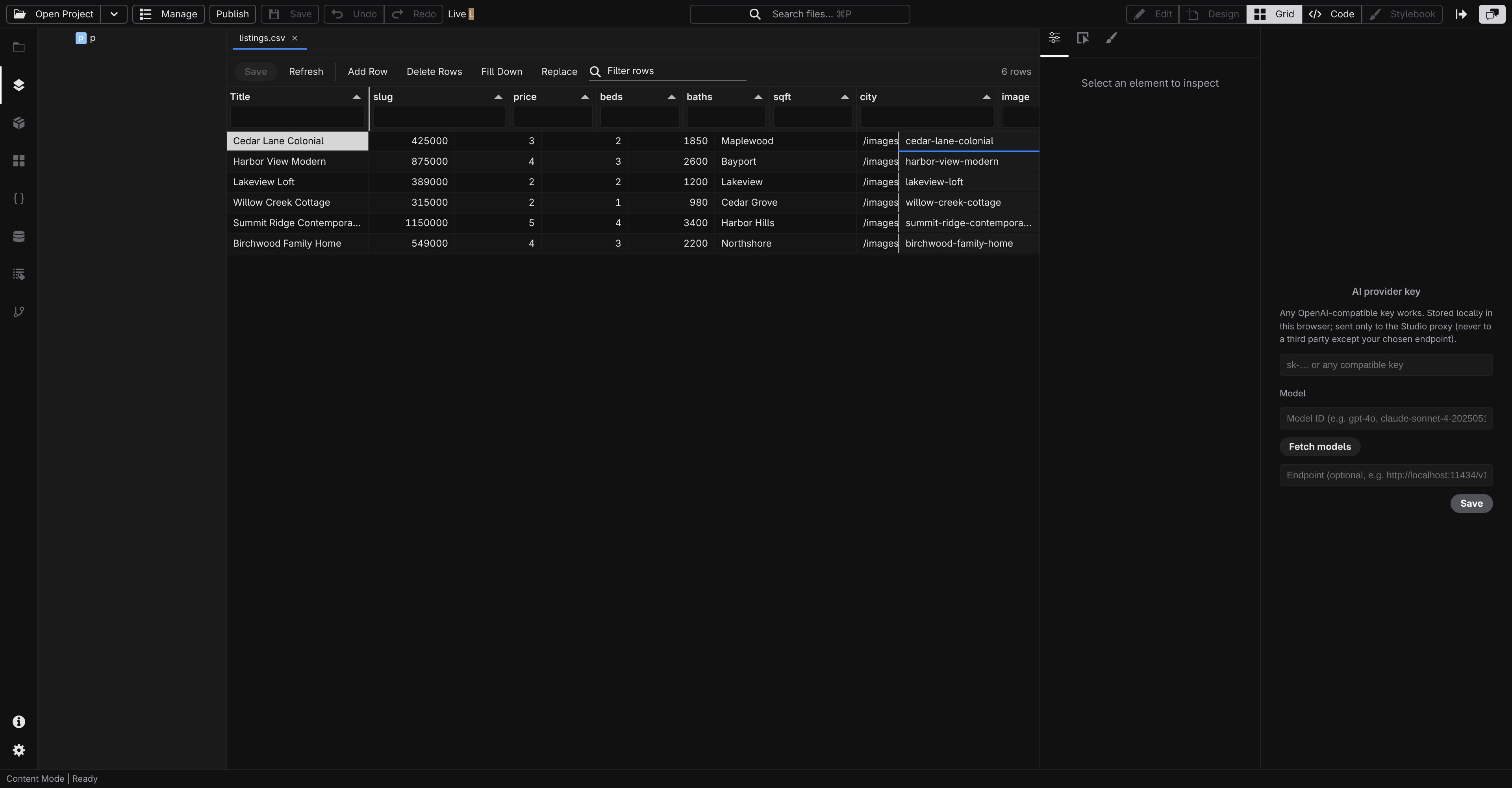 A CSV content collection open as an editable grid in Jx Studio