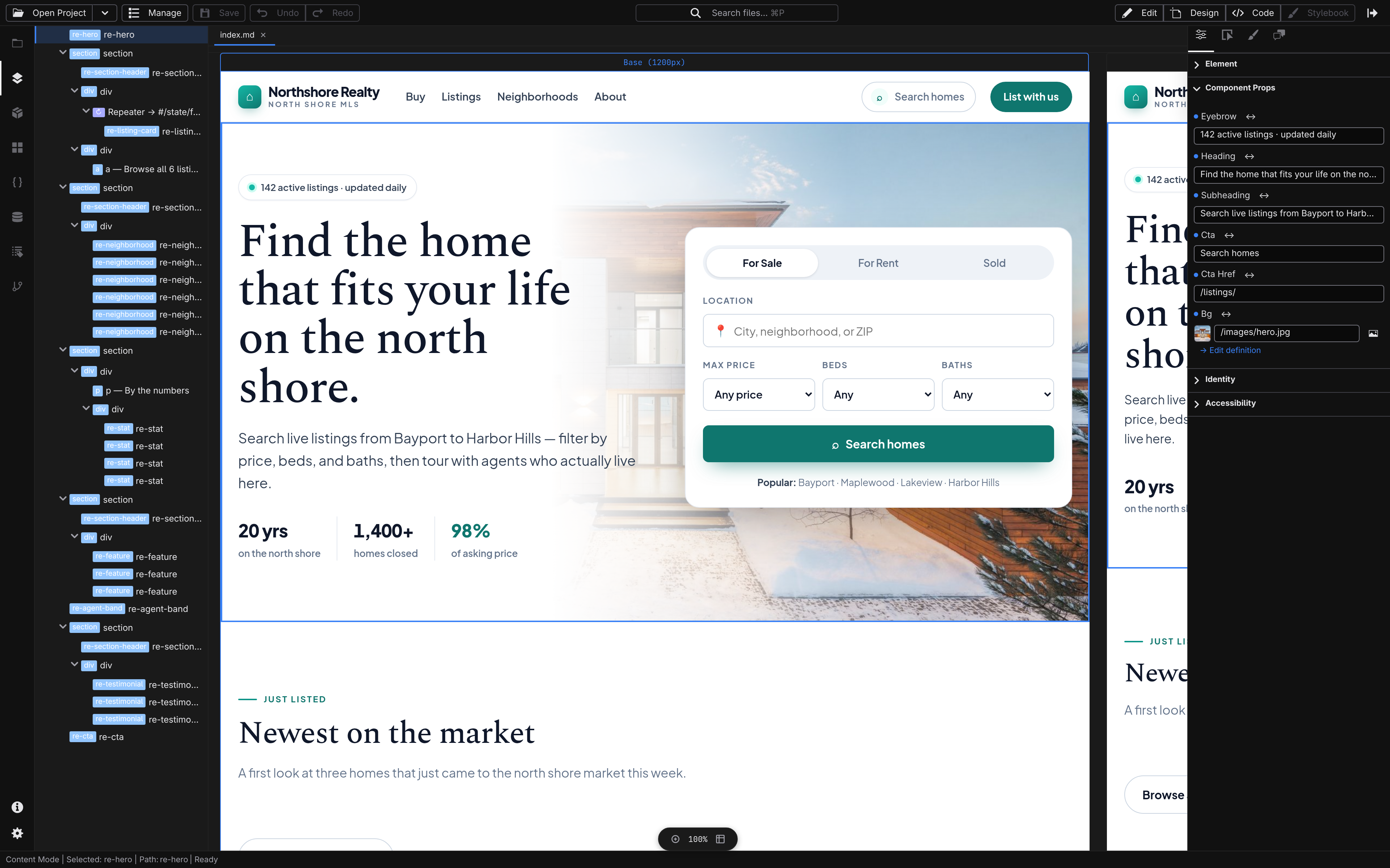 Jx Studio editing a website — layers panel, live canvas, and element inspector