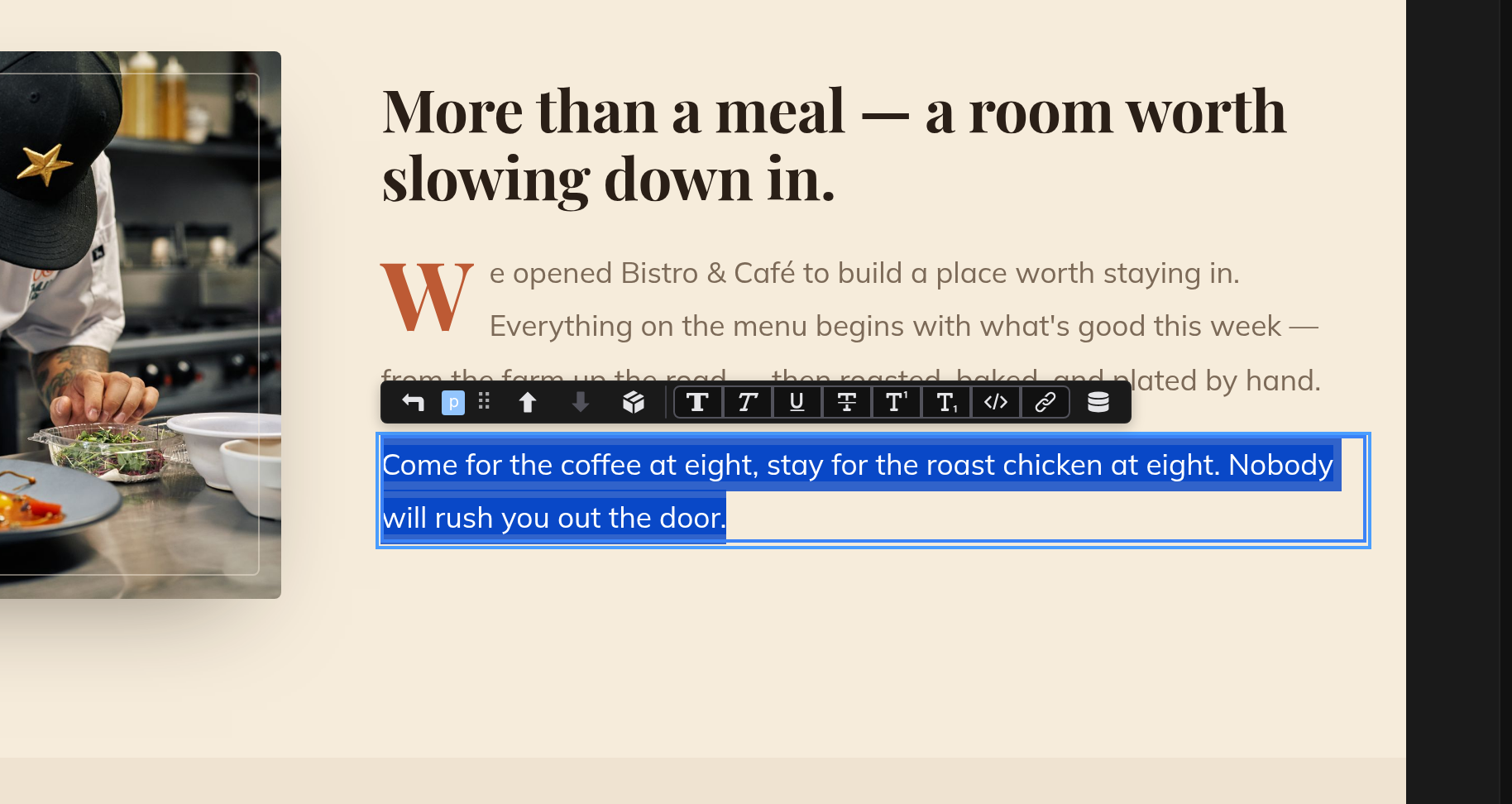 A paragraph mid-edit on the canvas with the formatting toolbar above it
