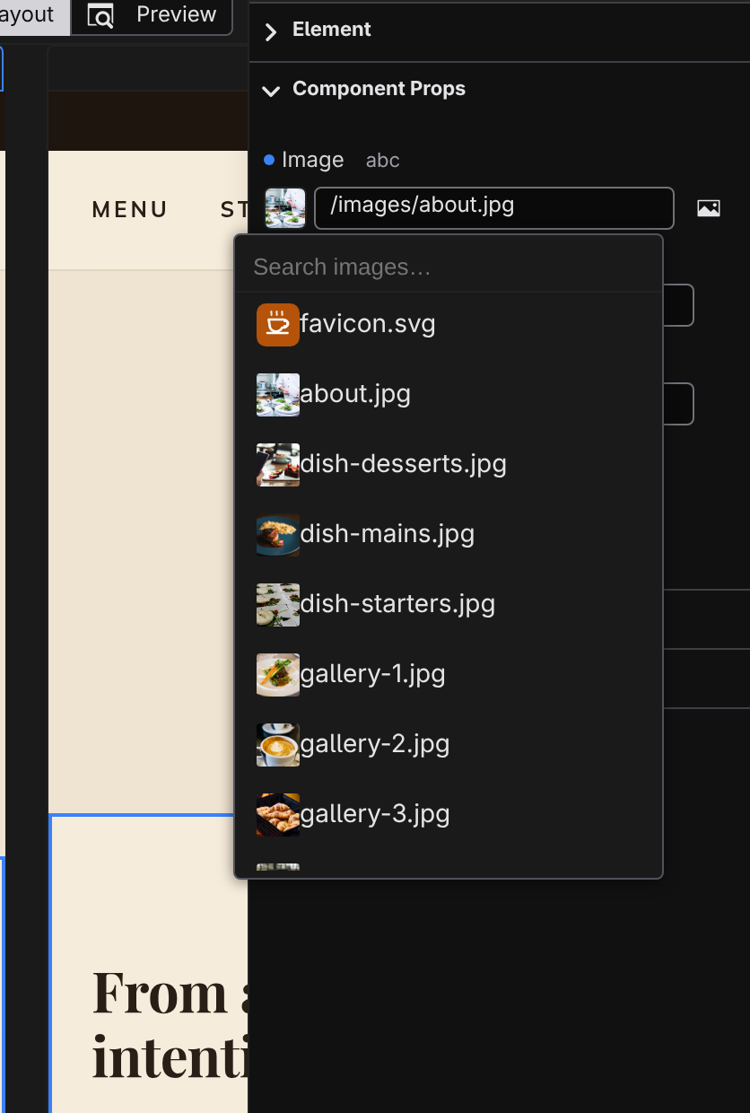 The media picker popover open over an image's Properties, showing the search field and thumbnail list