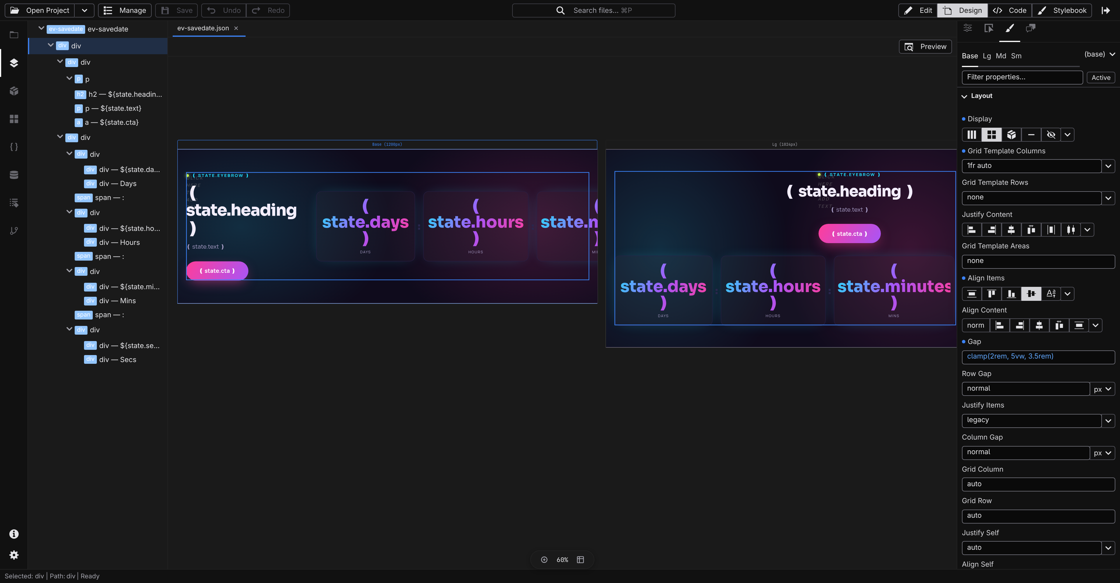 Jx Studio design mode — one component rendered across four responsive breakpoint canvases