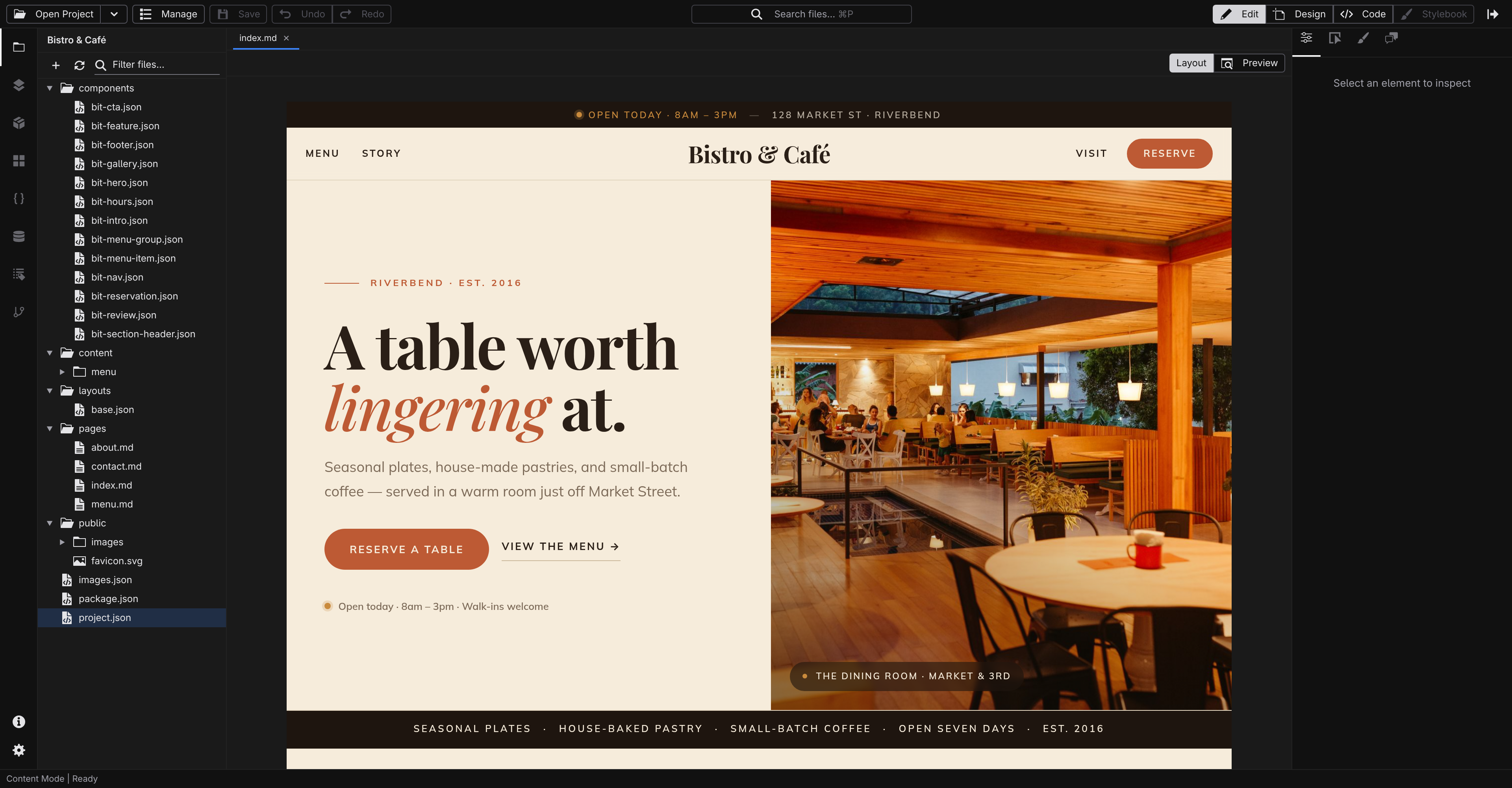Jx Studio editing markdown content inline with a WYSIWYG editor