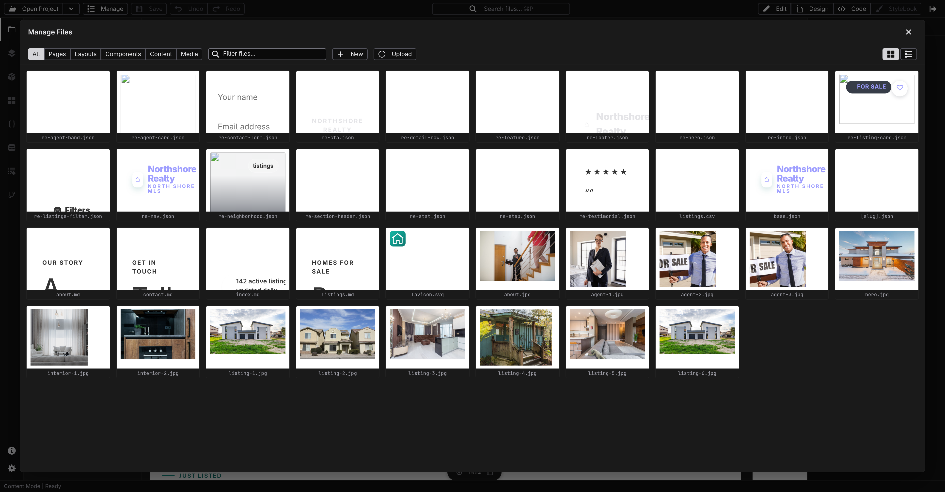 Jx Studio Manage Files modal with live previews of every project file