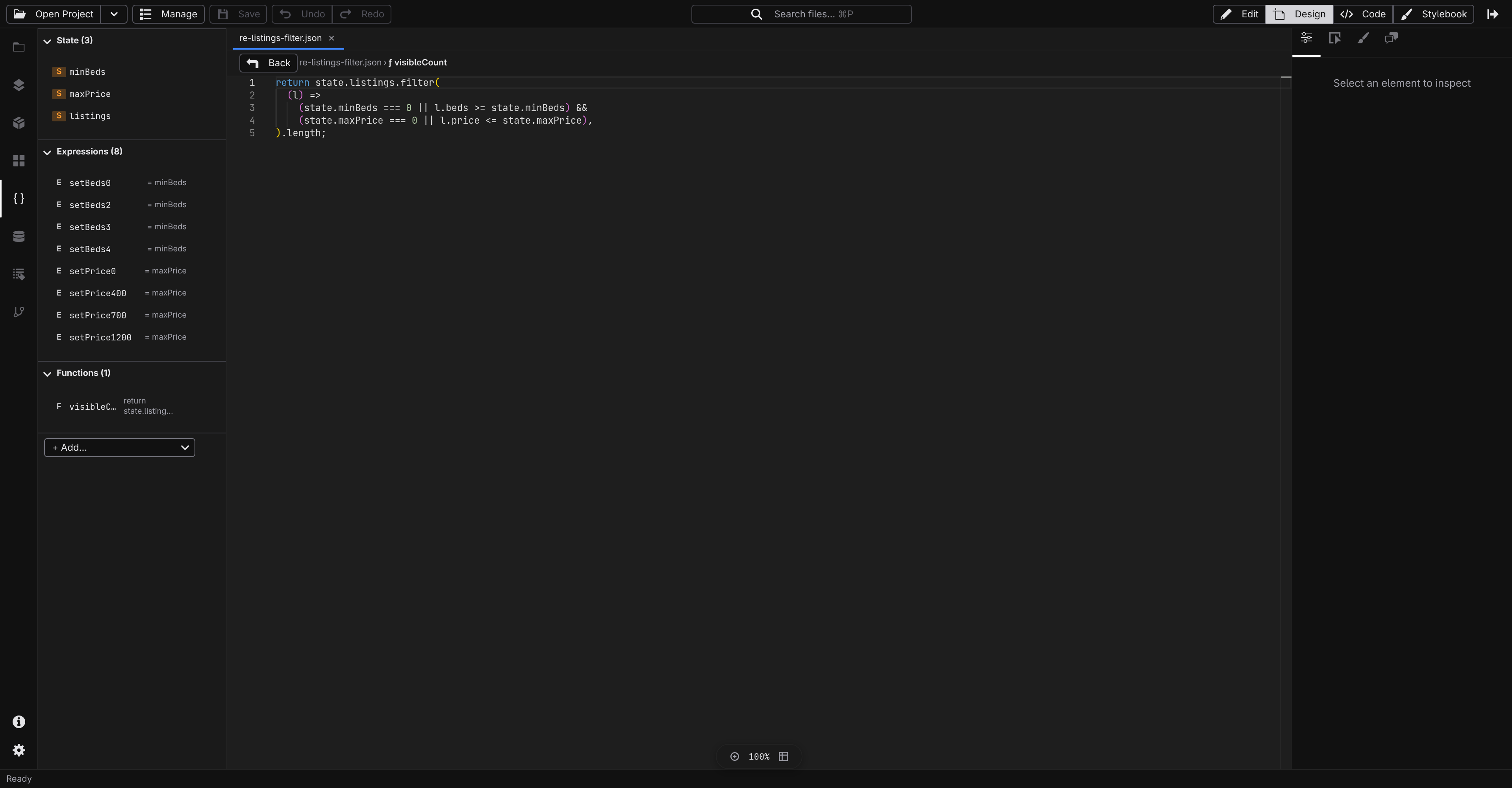 Jx Studio editing a component state function in the Monaco code editor