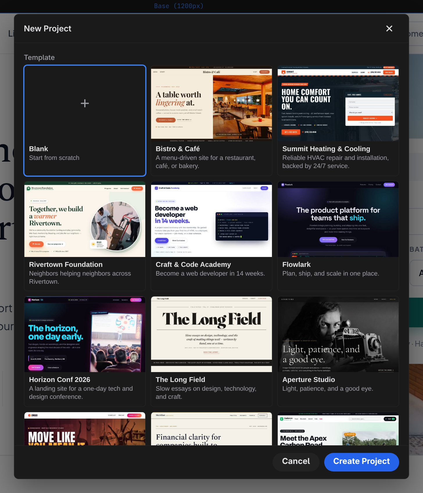 Jx Studio New Project dialog — template gallery, name, directory, production URL, and deployment adapter picker