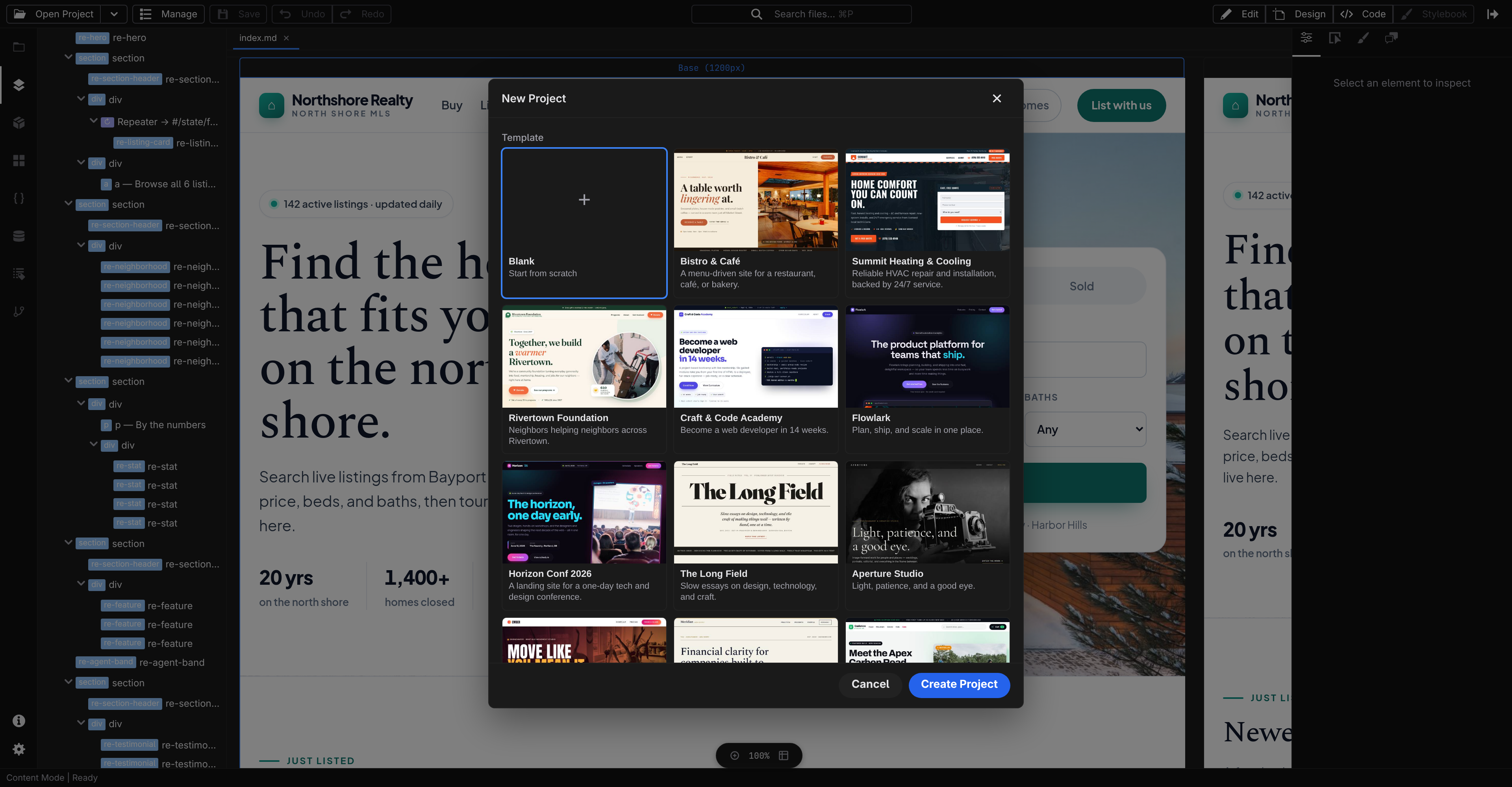 Jx Studio New Project dialog — name, directory, production URL, and deployment adapter picker