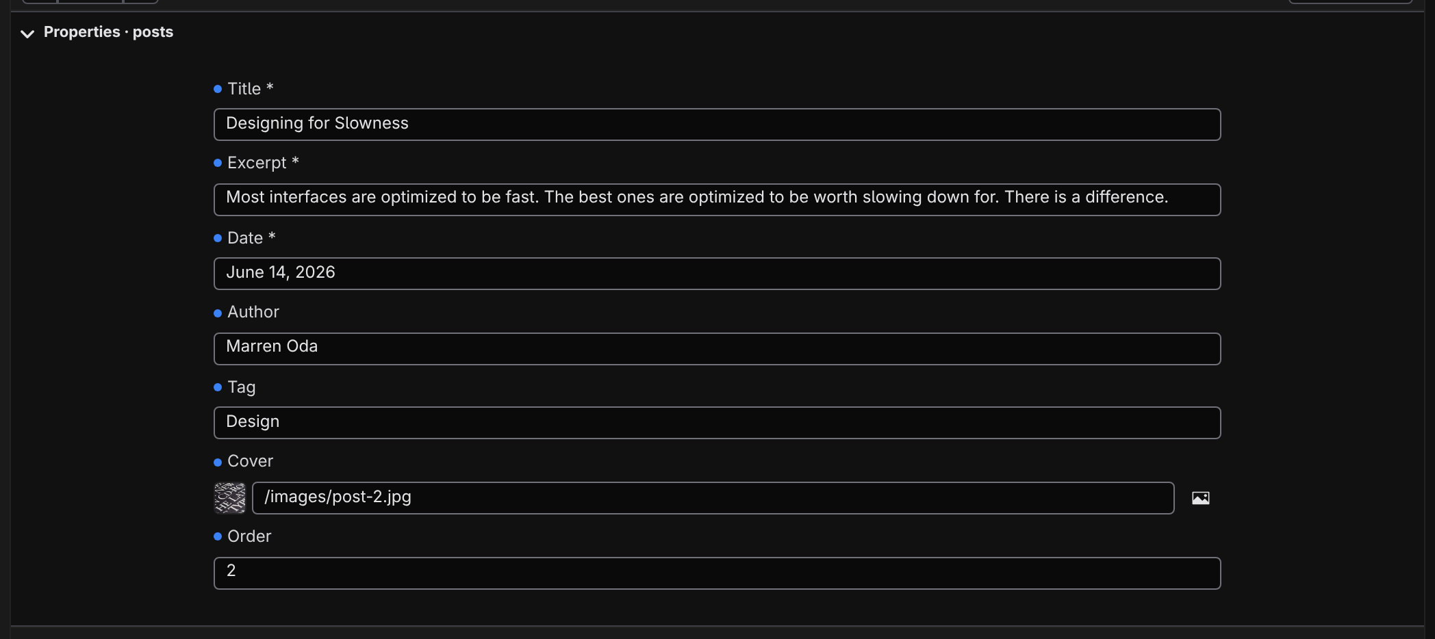 The collapsible Properties bar above a post open in Edit mode