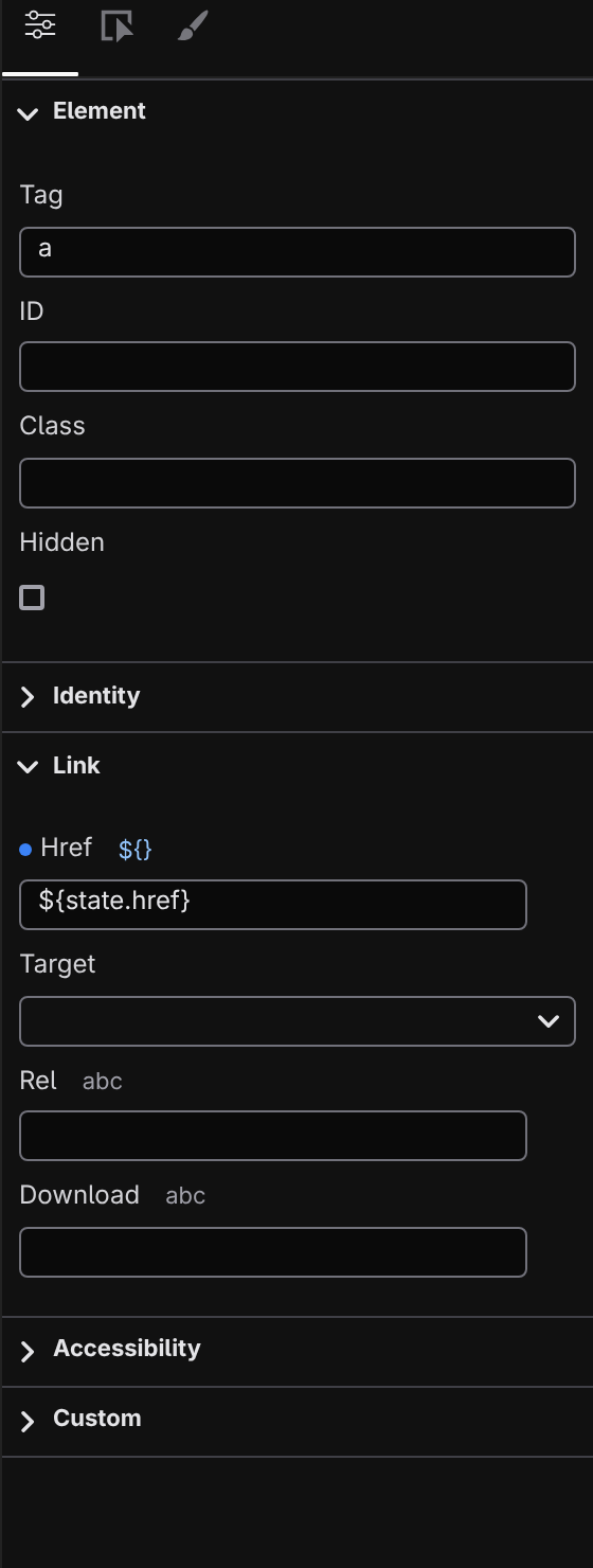 The Properties panel for a selected link showing the Element and Link sections