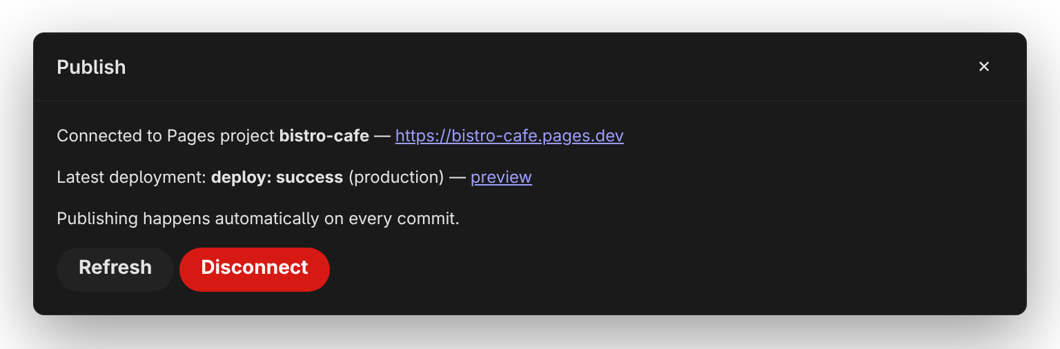 The Publish modal showing the connected state with the latest deployment status