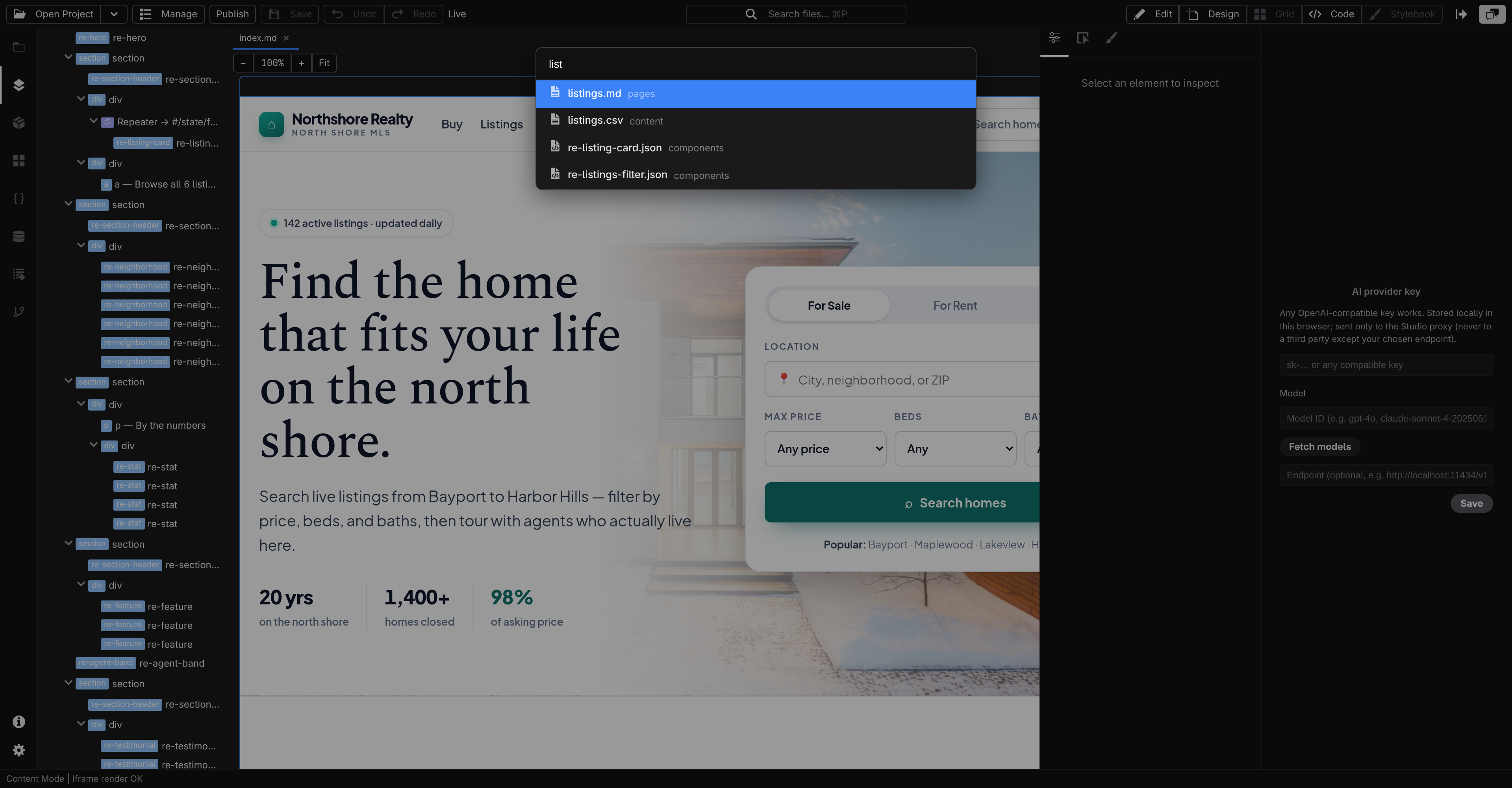 The Quick Access palette open over the workspace with results for a typed query