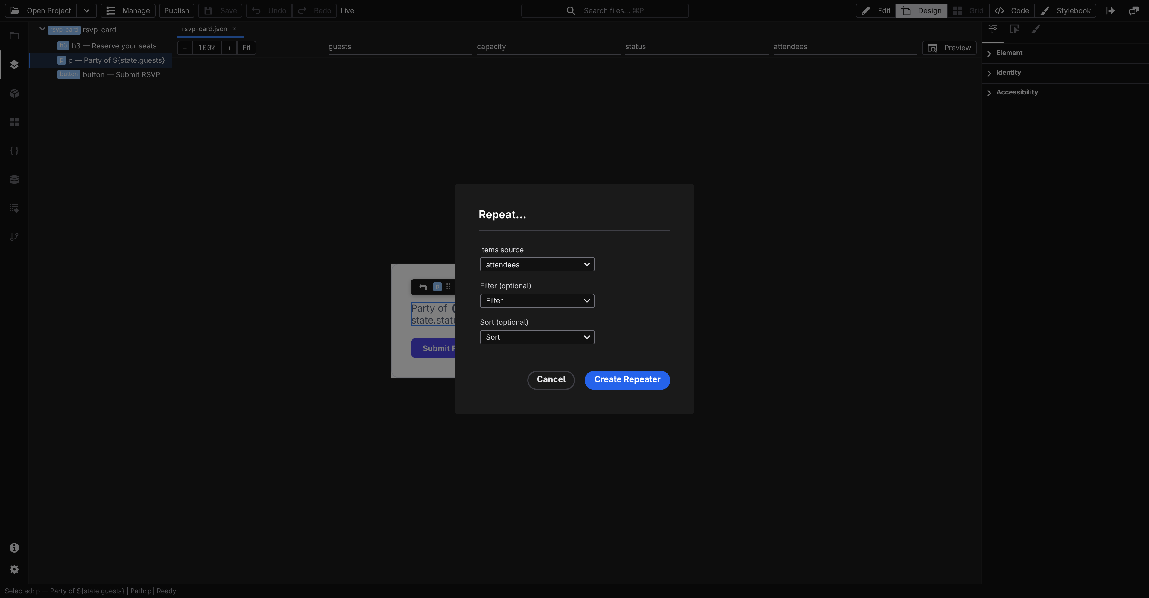 The Repeat dialog with an items source selected