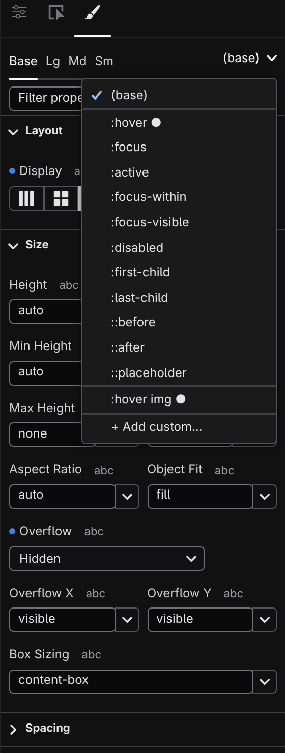 The Style inspector's selector menu open, listing built-in states and existing selectors