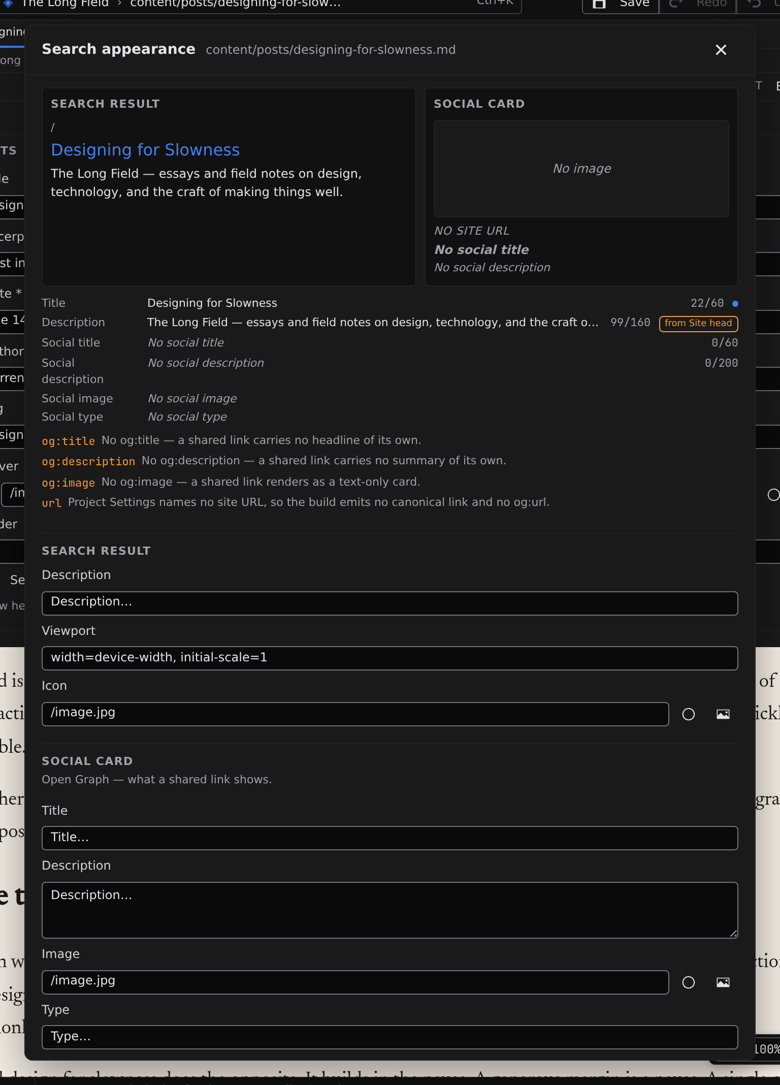 Search appearance, open over a post: the search-result and social-card previews, the resolved fields, the warnings, and the fields that change them