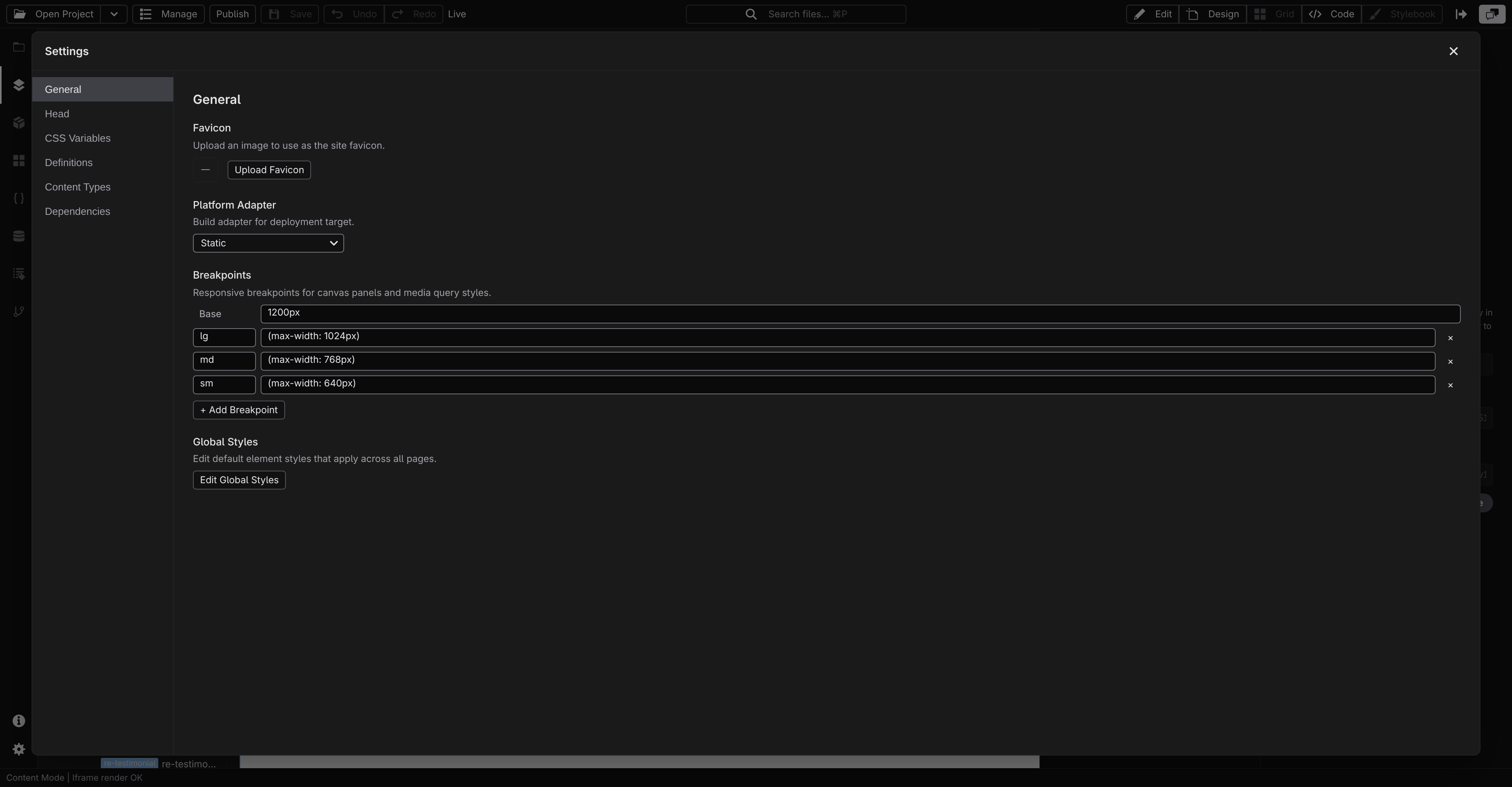 The Settings modal open on the General section, with the section list on the left