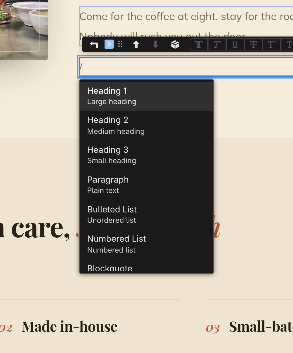 The slash menu open under an empty paragraph, showing the block list