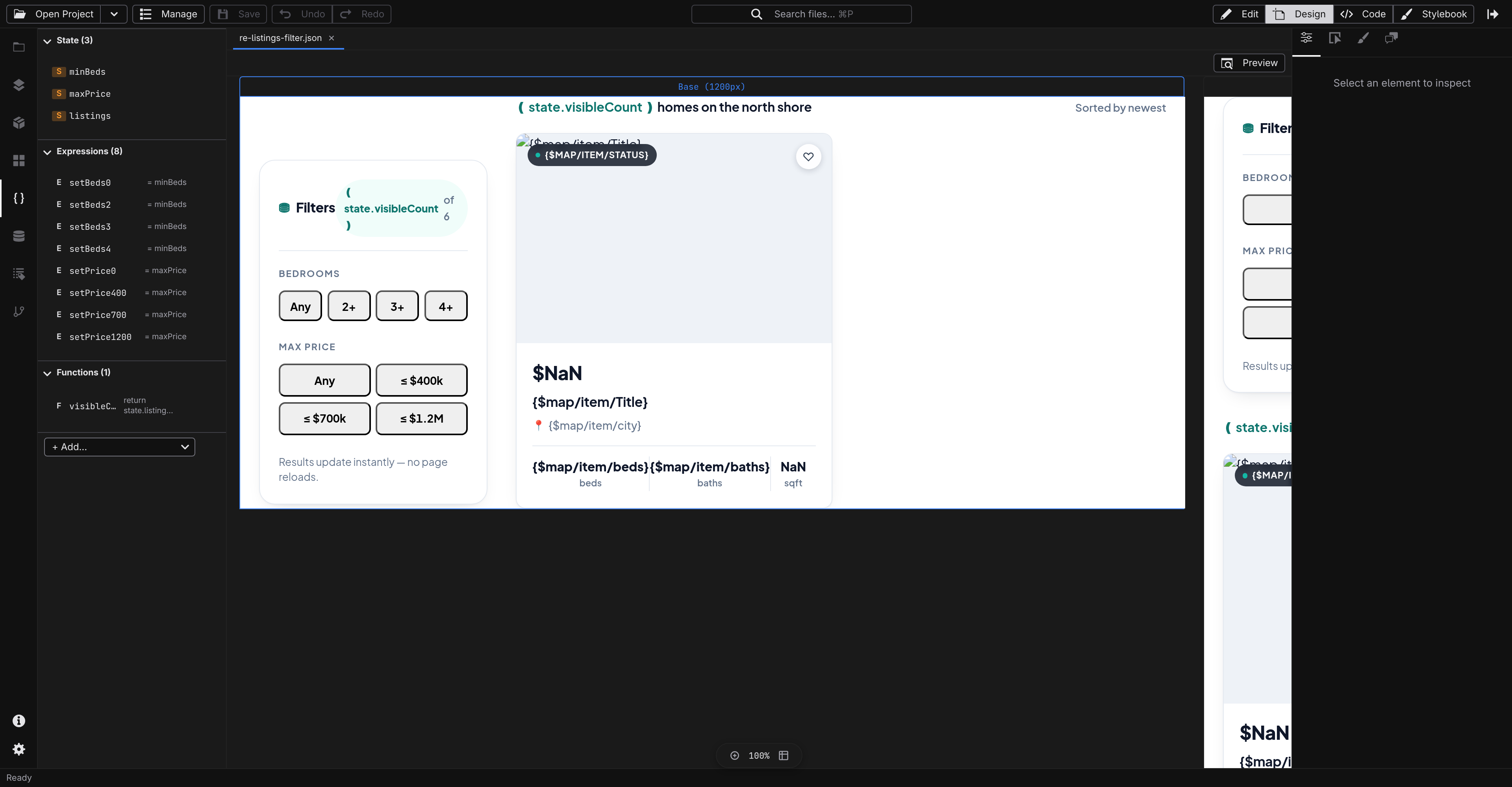 Jx Studio State panel listing a component's state and functions