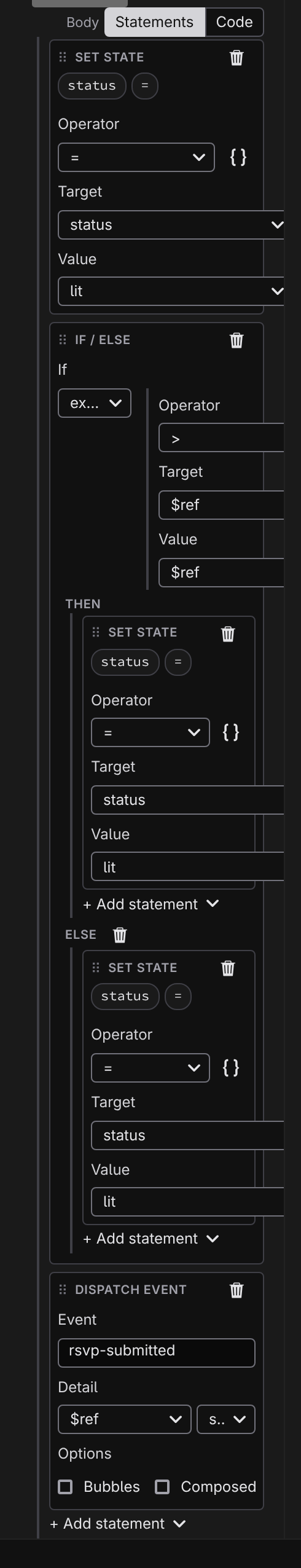 A function body as statement cards with an If / Else branch expanded