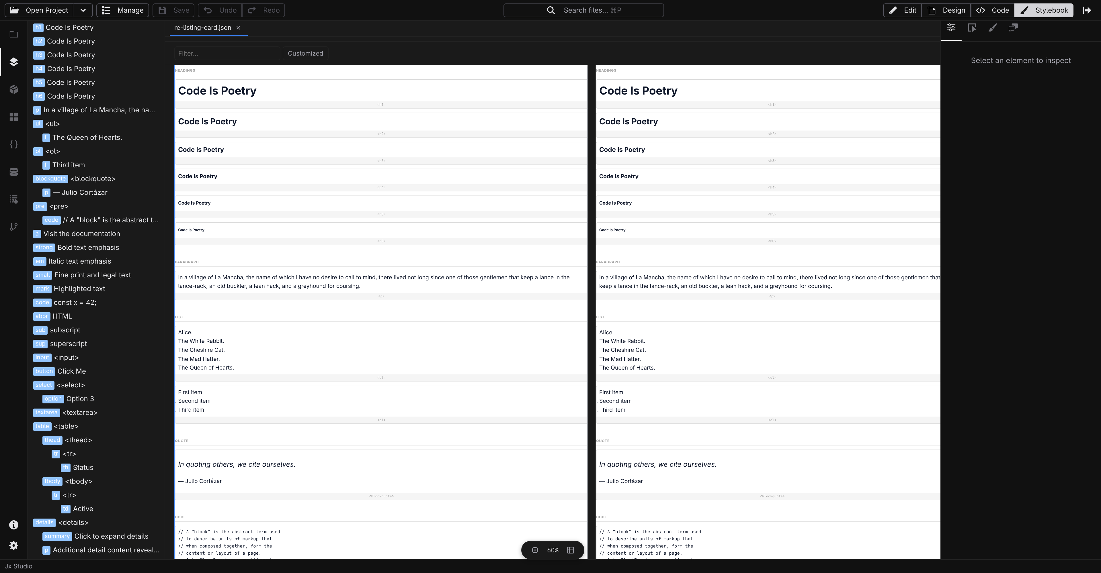 Jx Studio Stylebook mode showing element defaults across breakpoints