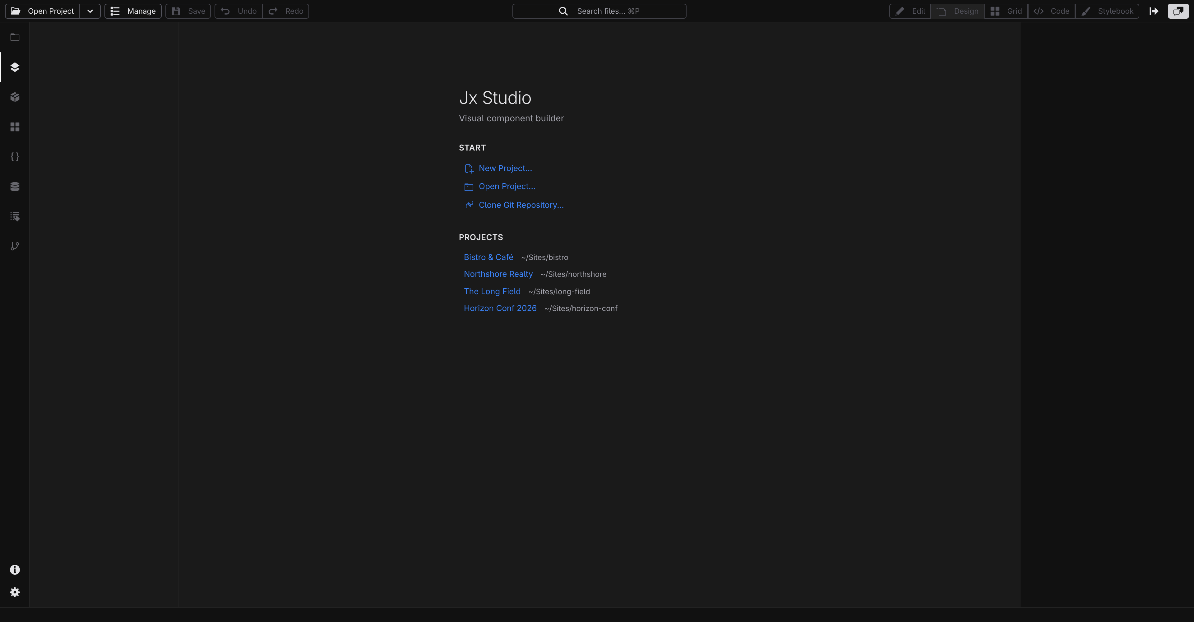 The Jx Studio welcome screen with Start actions, the Projects list, and Recent files