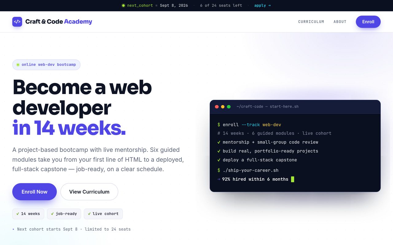 Preview of the Craft & Code Academy starter site